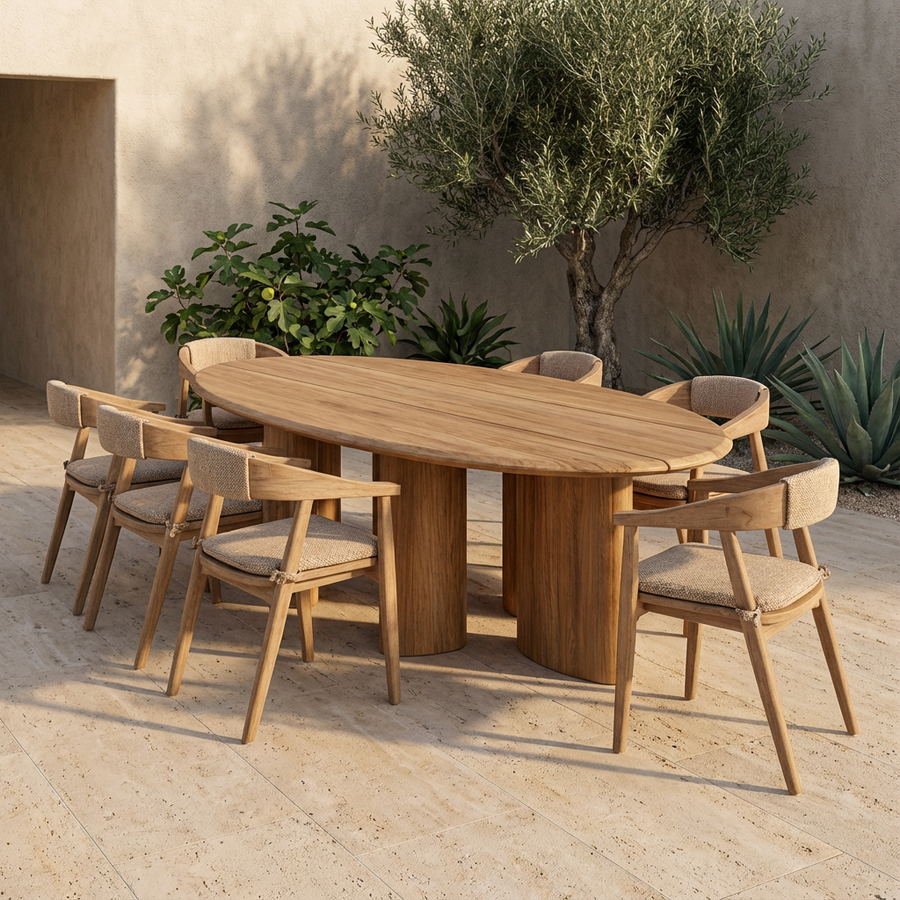 Ovaler Outdoor-Esstisch Imen aus massivem Teakholz in Natural Grey mit großzügiger ovaler Tischplatte | Gommaire bei STUFF Shop kaufen