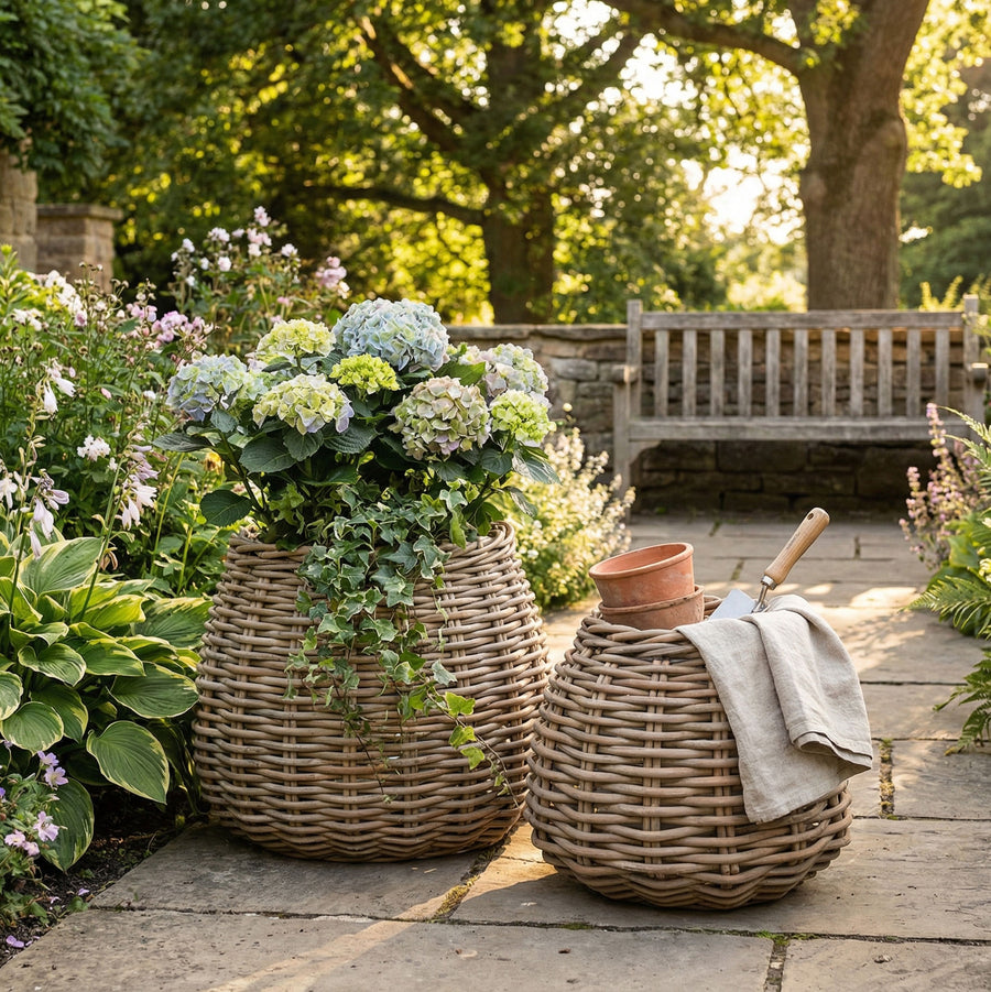 Gommaire Pflanzkorb Apple aus Rattan in den Größen Small und Large für Outdoor in einem Outdoor Ambiete | Gommaire bei STUFF Shop kaufen