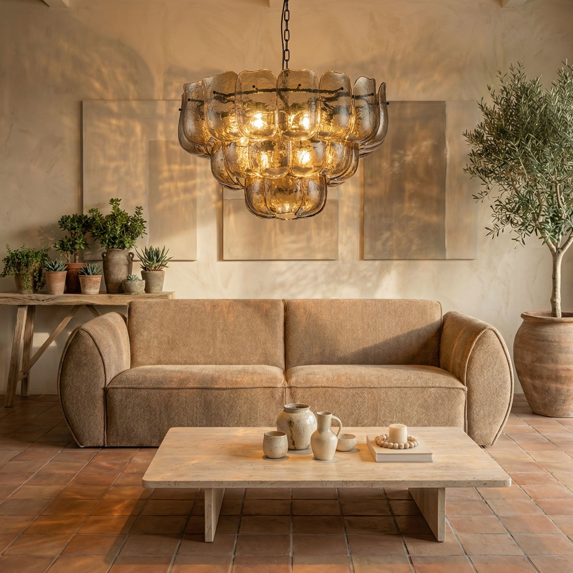 Amber Glas Hängelampe Vila über Wohnbereich mit warmer Lichtstimmung | PTMD bei STUFF Shop kaufen