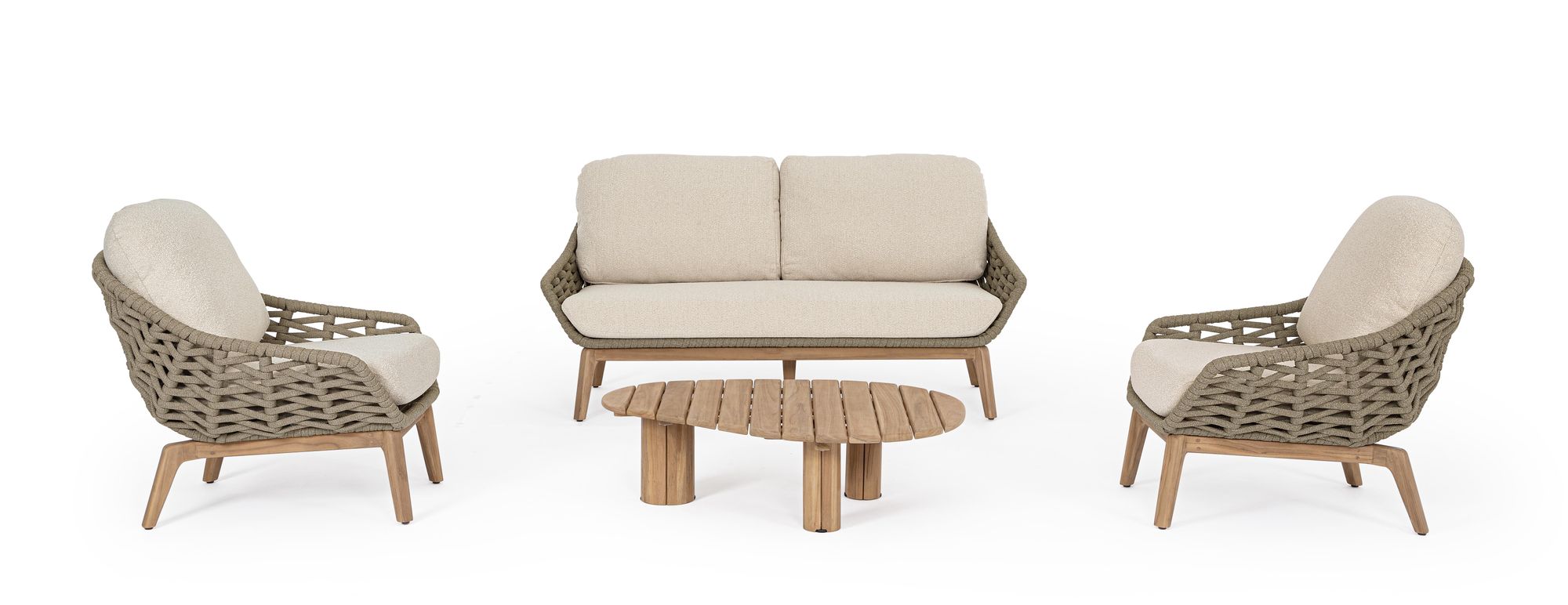 Outdoor Sofa Tamires Bouclé mit Seilgeflecht und Teakholzbeinen + Sesel Tamires Bouclé | Bizzotto Outdoor Möbel bei STUFF Shop kaufen
