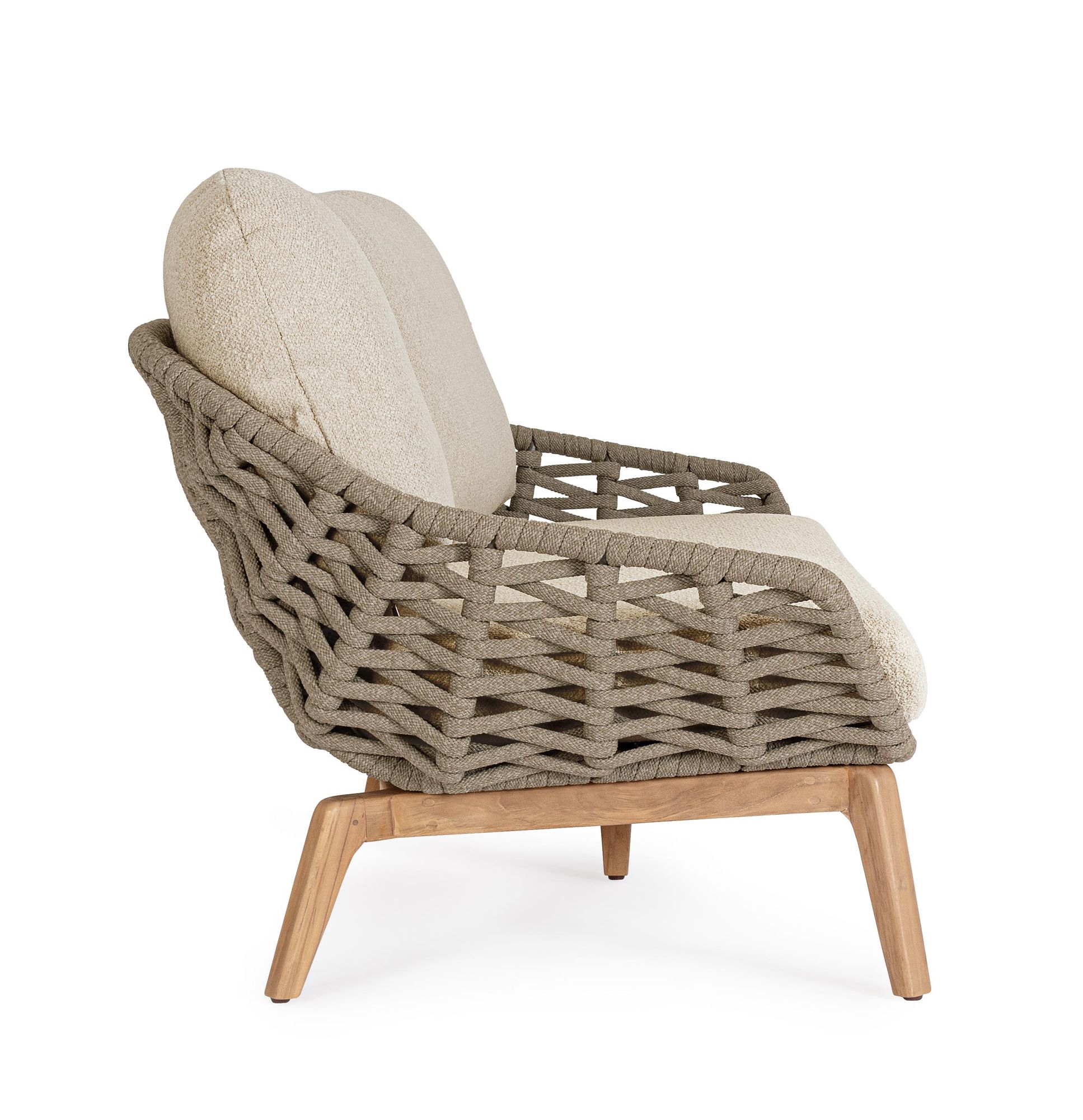 Outdoor Sofa Tamires Bouclé mit Seilgeflecht und Teakholzbeinen | Bizzotto Outdoor Möbel