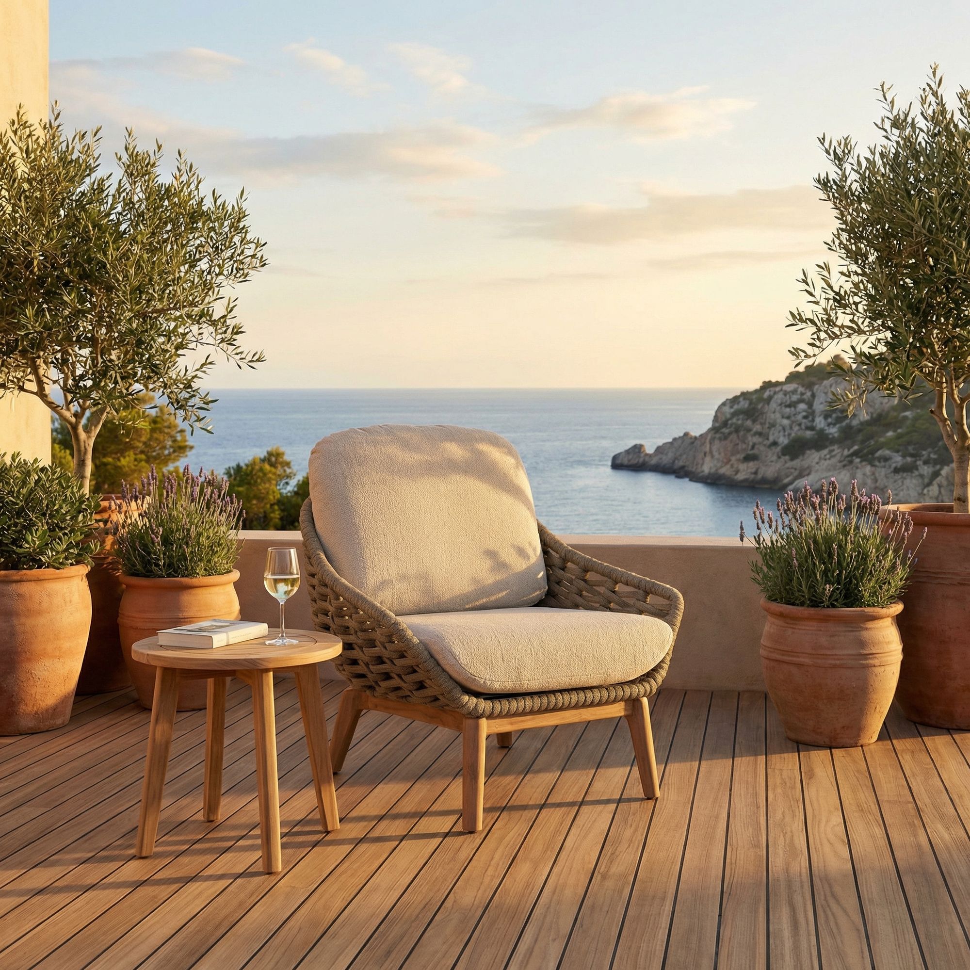 Outdoor-Sessel Tamires Bouclé mit Seilgeflecht und Teakholz von Bizzotto bei STUFF Shop kaufen