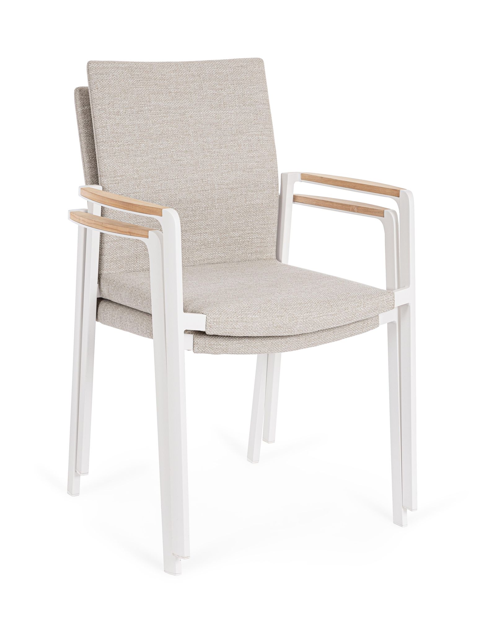 Outdoor Stuhl Jalisko New Weiss mit Armlehne und Teak Details | Moderner Gartenstuhl bei STUFF Shop