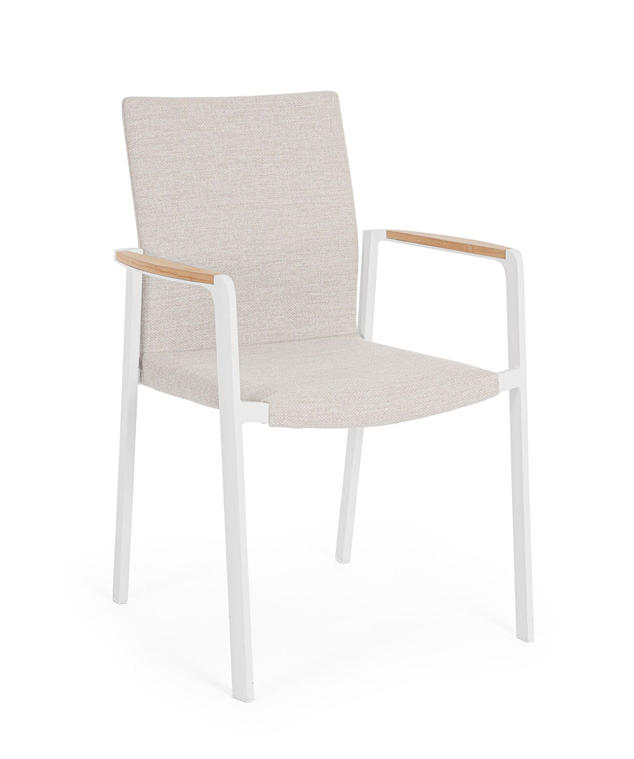 Outdoor Stuhl Jalisko New Weiss mit Armlehne und Teak Details | Moderner Gartenstuhl bei STUFF Shop