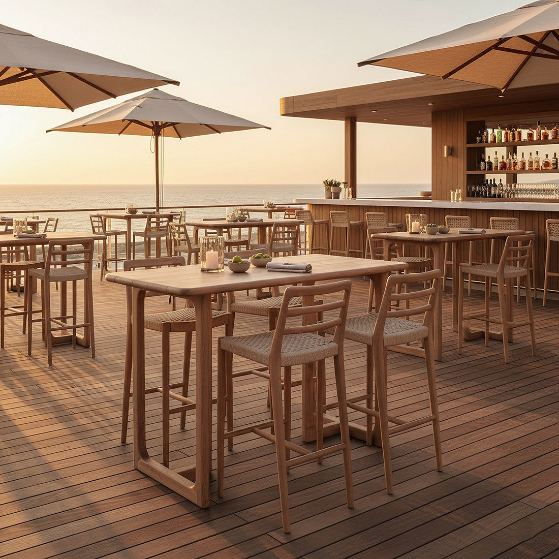 Outdoor Bartisch Teakscape Frame aus massivem Teakholz mit Frame-Untergestell auf einer Gastronomie Terrasse | STUFF Loft