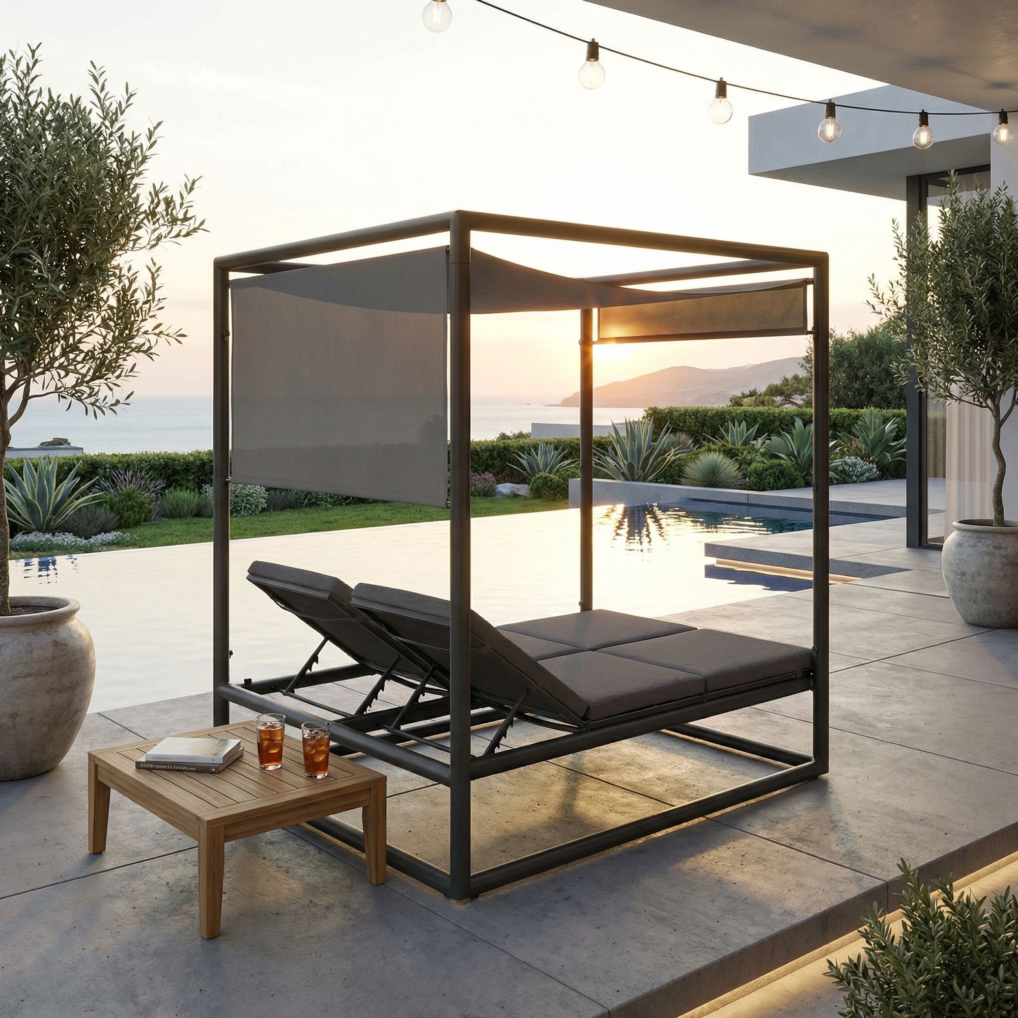 Outdoor Daybed Konnor Anthrazit mit Pergola und verstellbarer Rückenlehne für moderne Terrassen | Bizzotto bei STUFF Shop kaufen