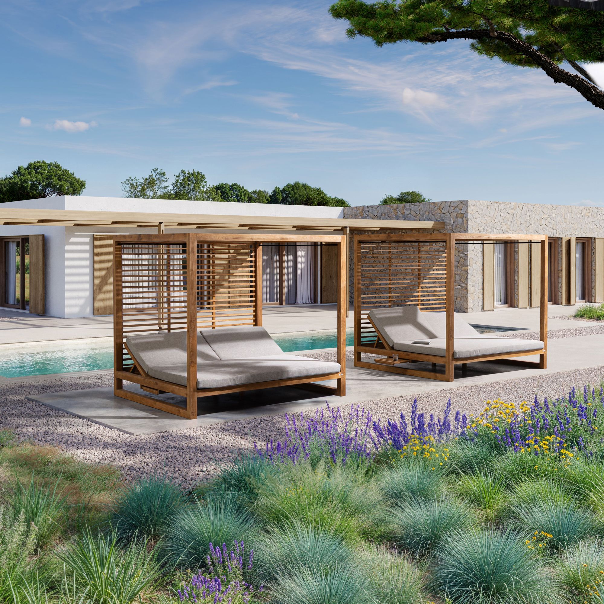 Luxuriöser Daybed Pavillon Honolulu aus FSC Teakholz mit verstellbaren Rückenlehnen | Bizzotto bei STUFF Shop kaufen