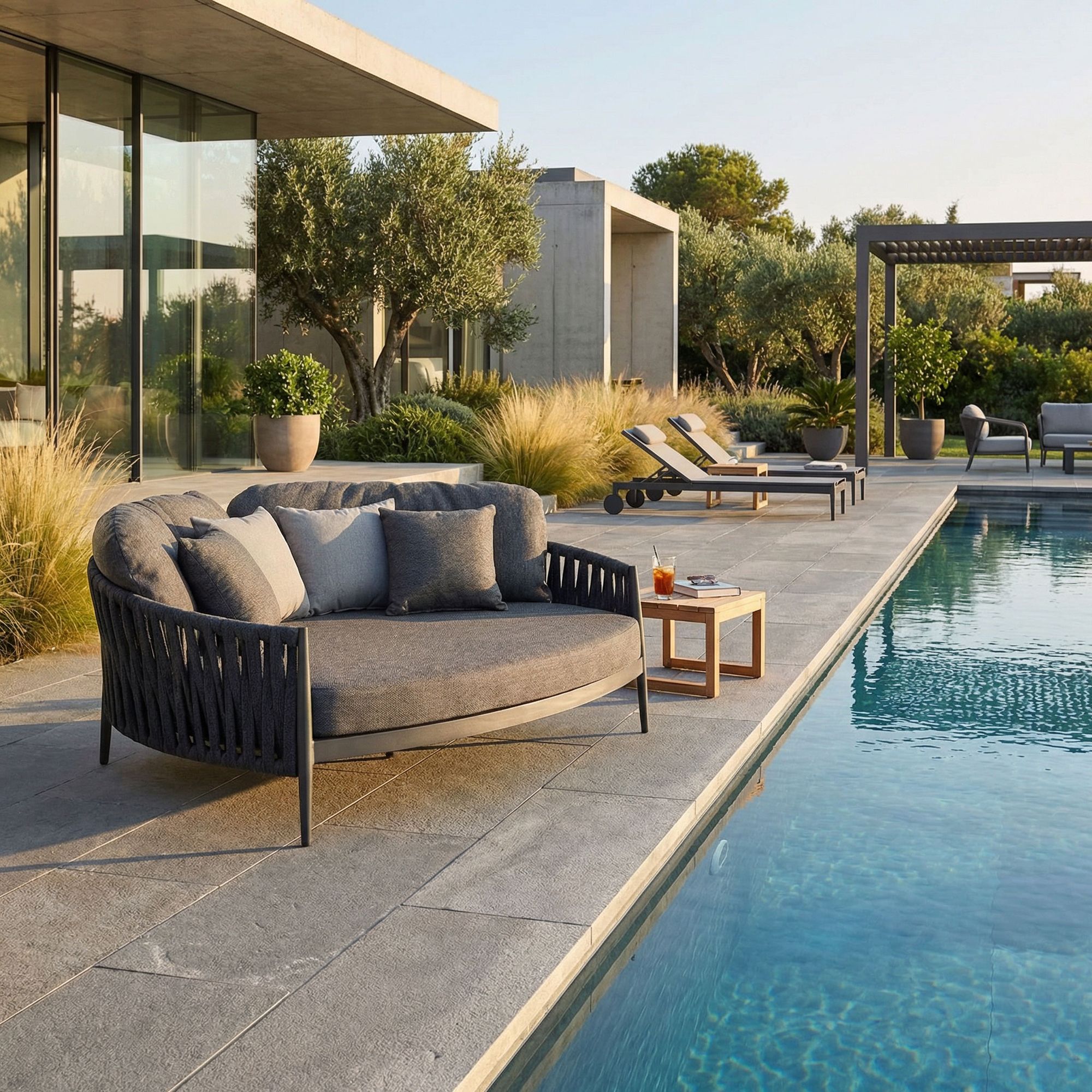 Outdoor Sonnenbett Jacinta Anthrazit mit geflochtener Seitenstruktur und großzügiger Polsterung | Bizzotto bei STUFF Shop kaufen