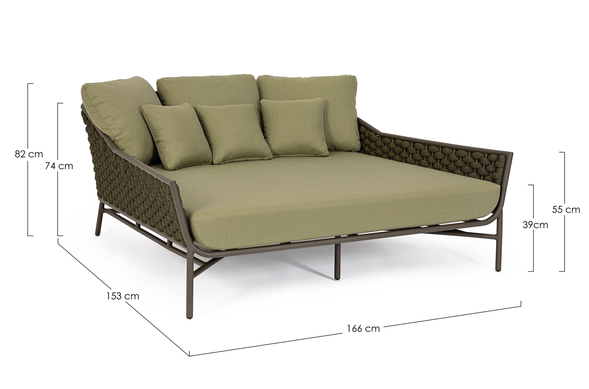 Outdoor Sonnenbett Everly Olive mit geflochtener Seitenstruktur und großzügiger Polsterung | Bizzotto bei STUFF Shop kaufen