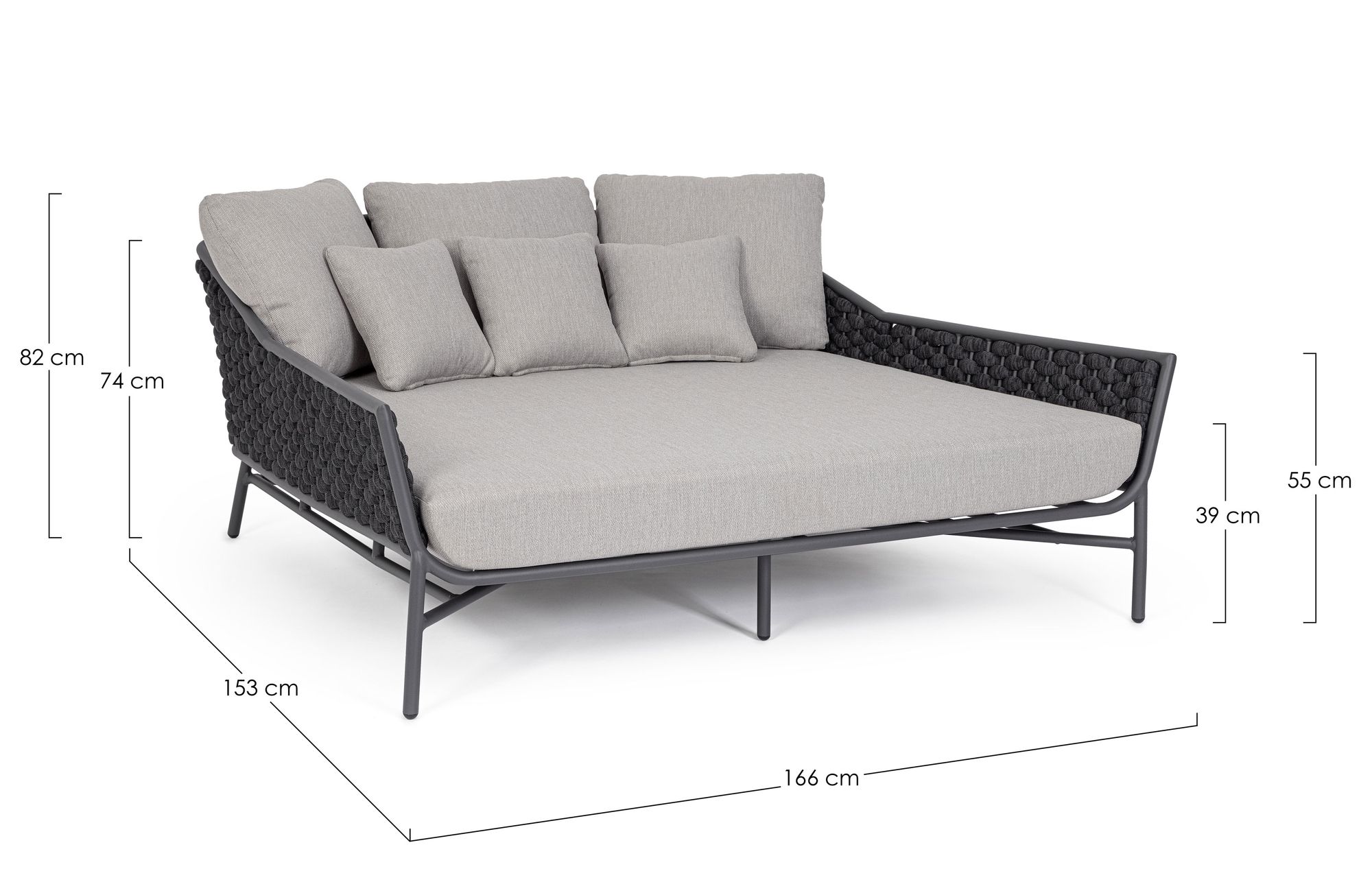 Outdoor Sonnenbett Everly Anthrazit Graphit mit geflochtener Seitenstruktur und großzügiger Polsterung | Bizzotto bei STUFF Shop kaufen