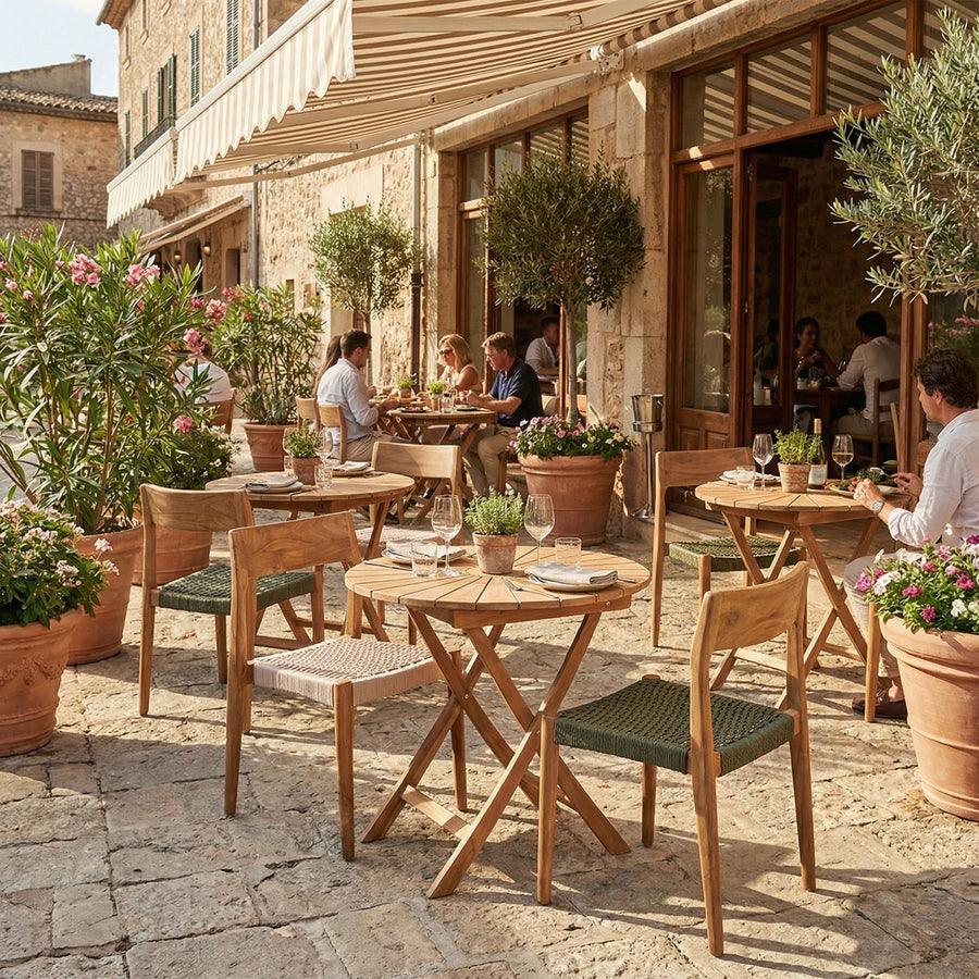 Runder klappbarer Outdoor Bistrotisch Teakscape Bistro aus Teakholz für Balkon und Terrasse