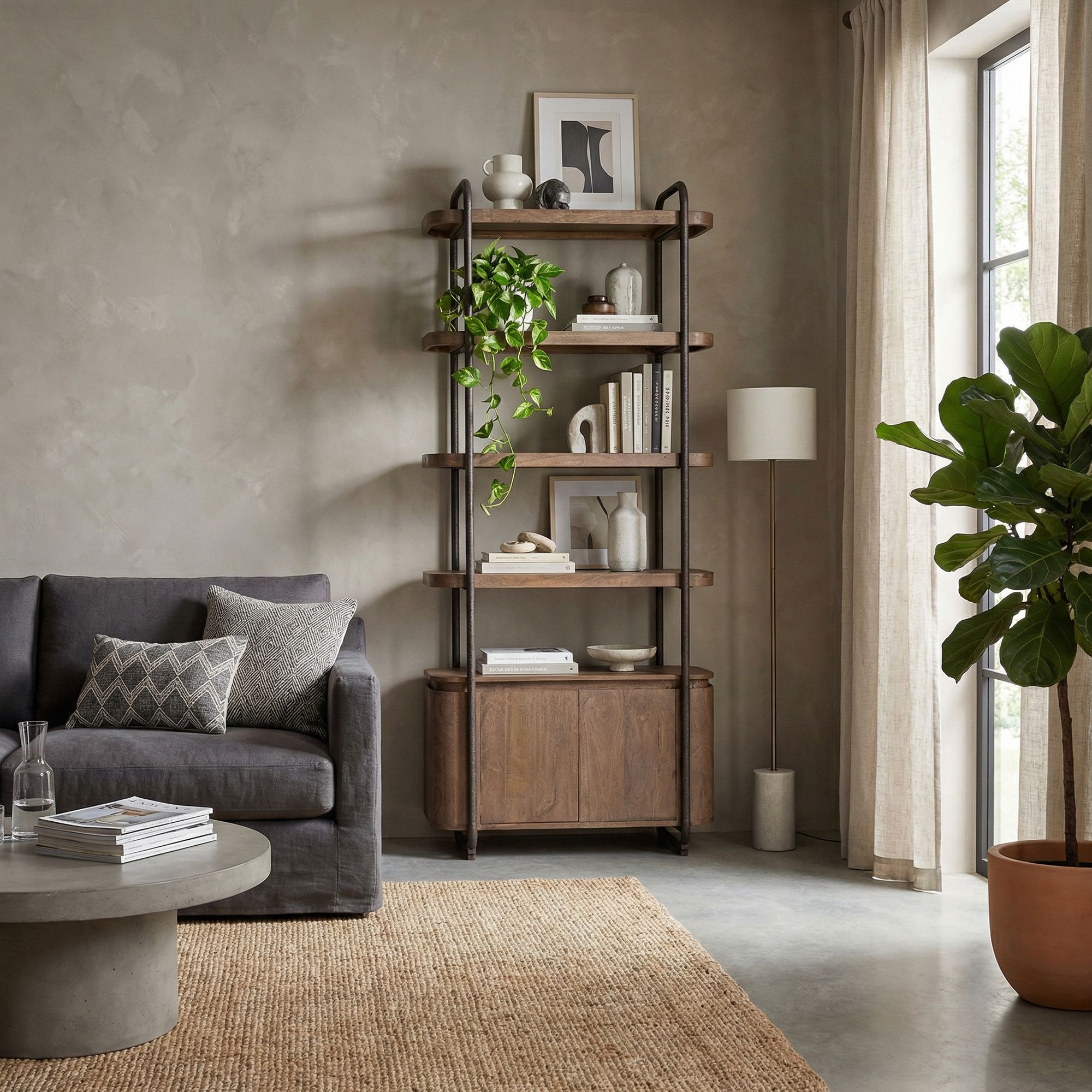 Bücherregal Elswick Industrial aus Metall und Mangoholz mit offenen Regalböden und Schrankfach | Bizzotto bei STUFF Shop