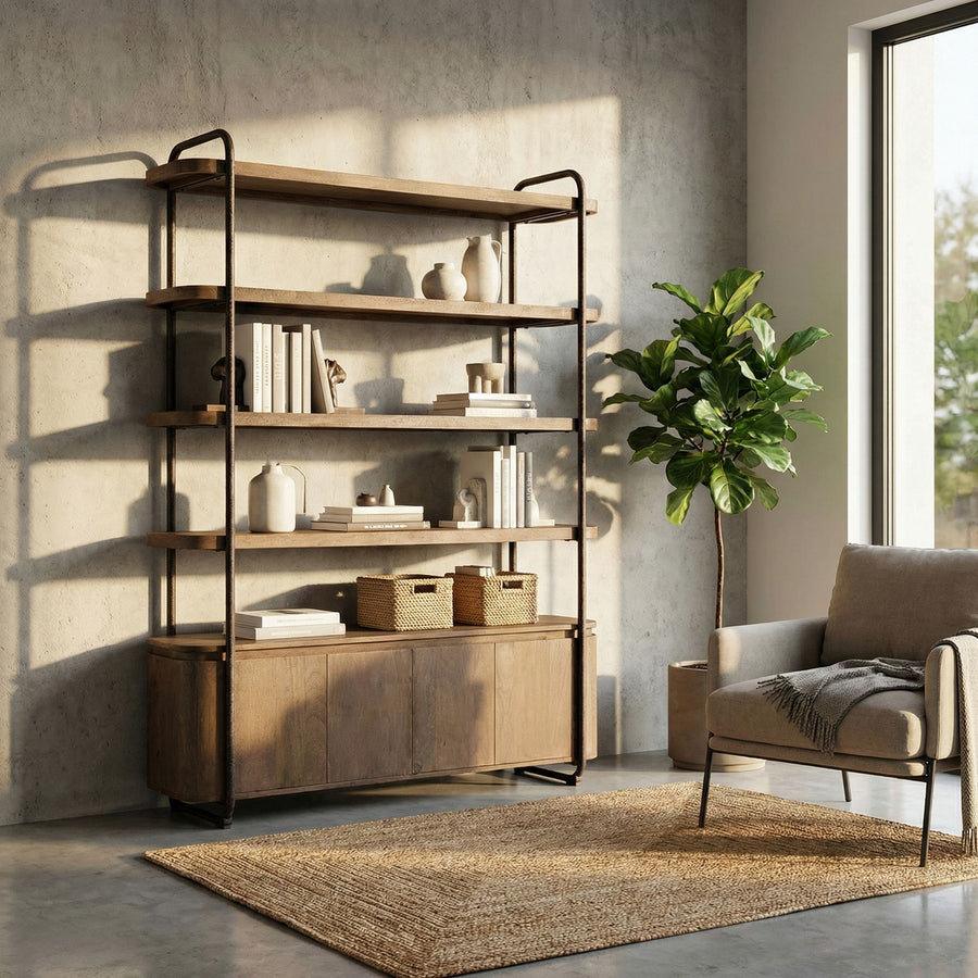 Bücherregal Elswick 4 Türen Industrial aus Metall und Mangoholz mit offenen Regalböden und Stauraum | Bizzotto bei STUFF Shop