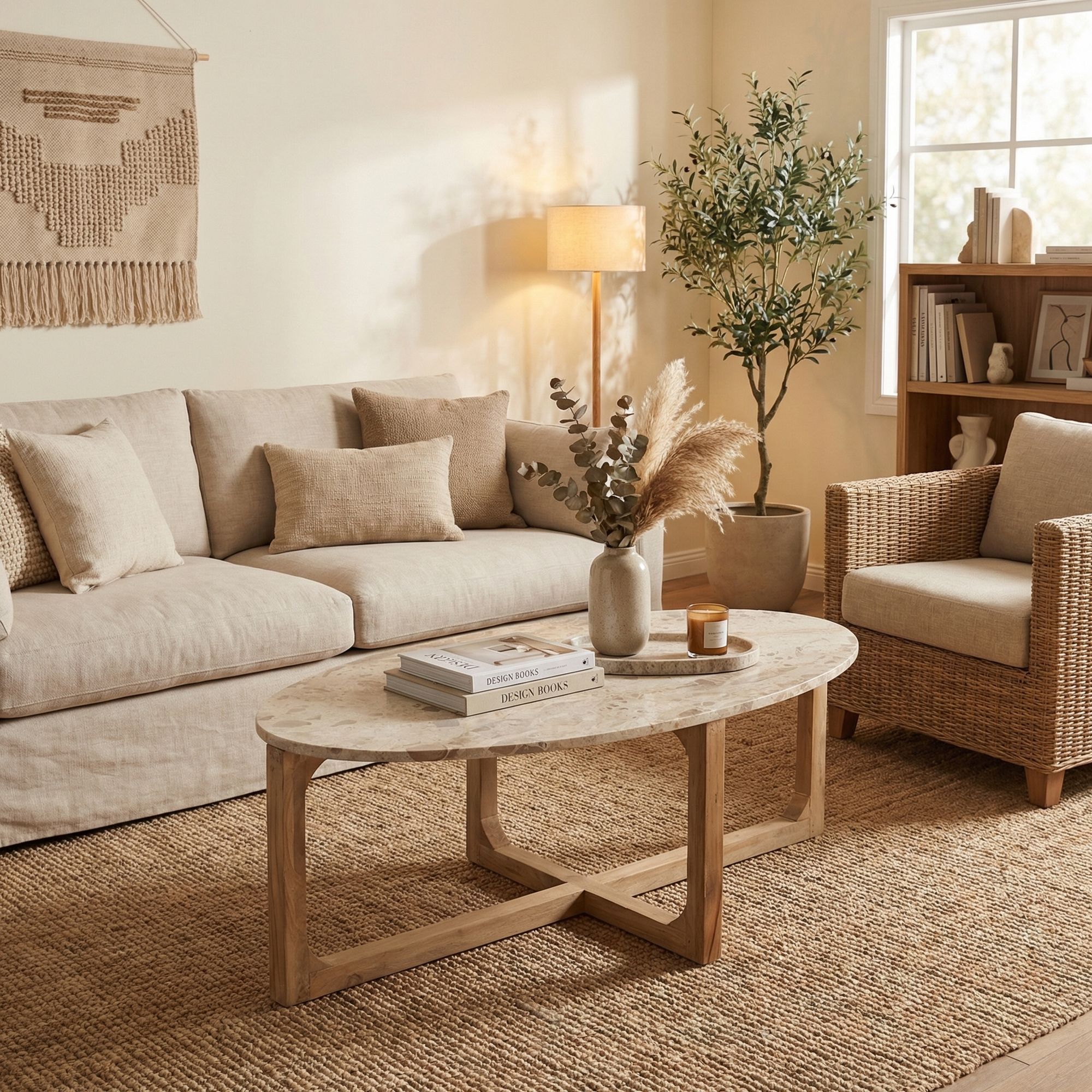 Couchtisch Ovalis Marble Cream mit ovaler Marmorplatte und Holzgestell aus der STUFF Loft Kollektion