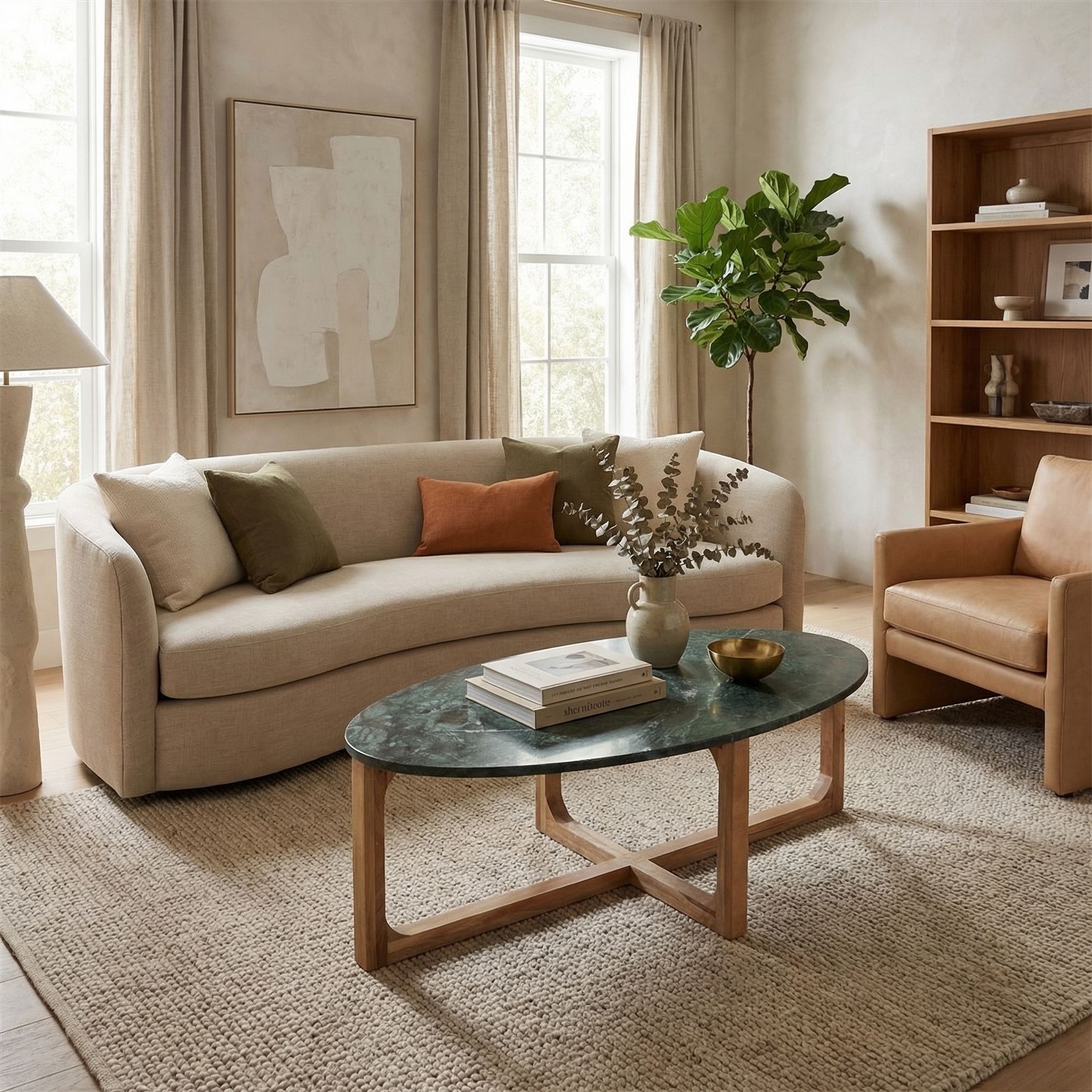 Couchtisch Ovalis Marble Green mit ovaler grüner Marmorplatte und Holzgestell aus der STUFF Loft Kollektion