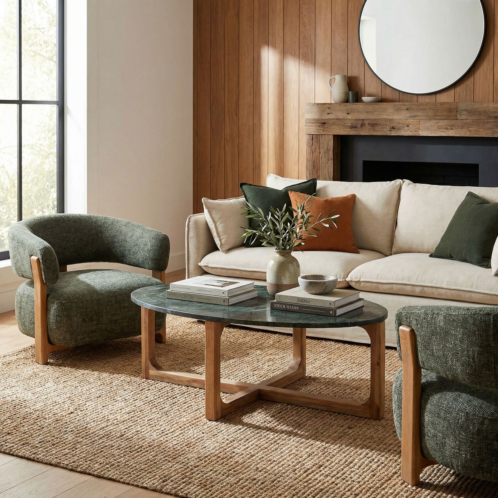 Couchtisch Ovalis Marble Green mit ovaler grüner Marmorplatte und Holzgestell aus der STUFF Loft Kollektion