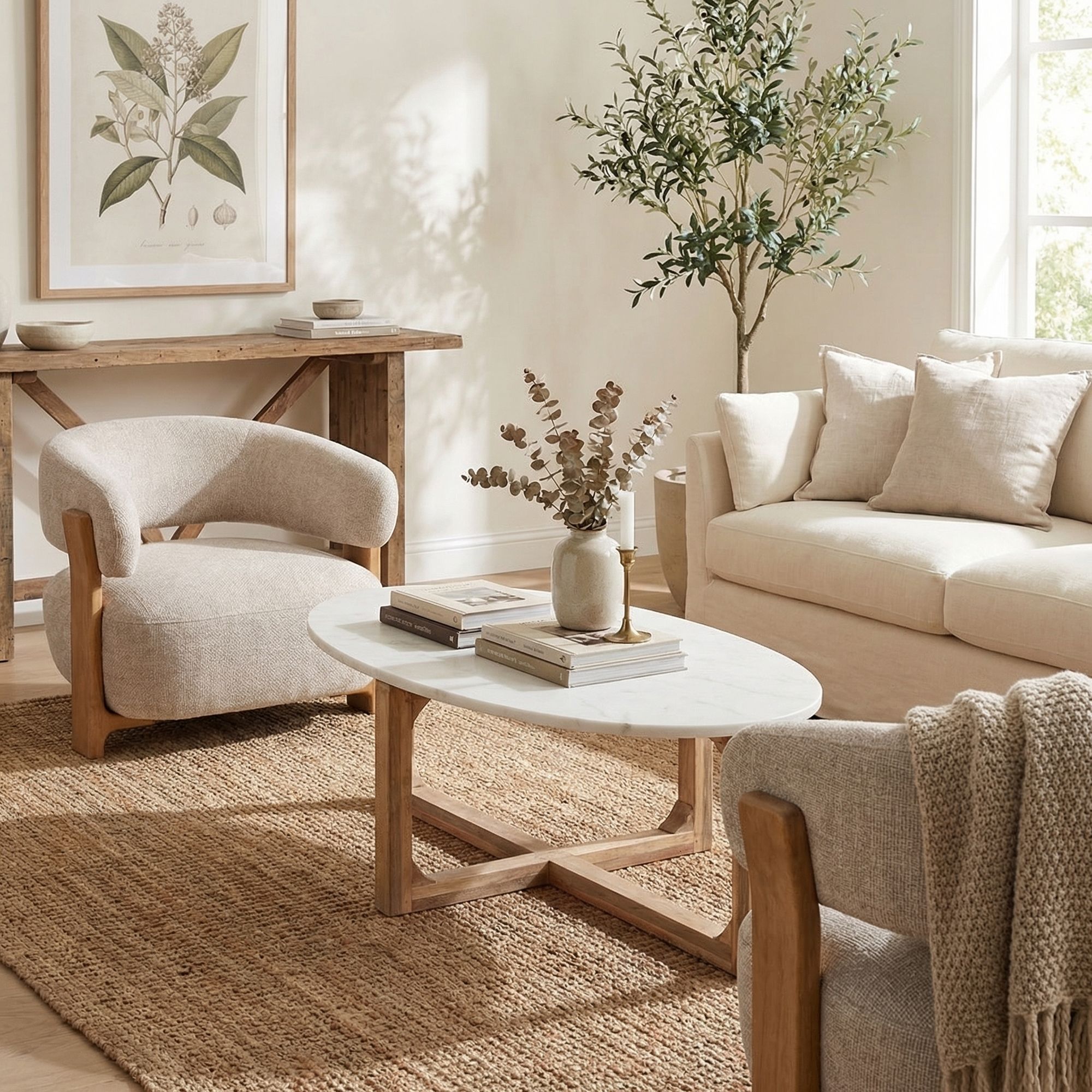 Couchtisch Ovalis Marble White mit ovaler Marmorplatte und Holzgestell aus der STUFF Loft Kollektion