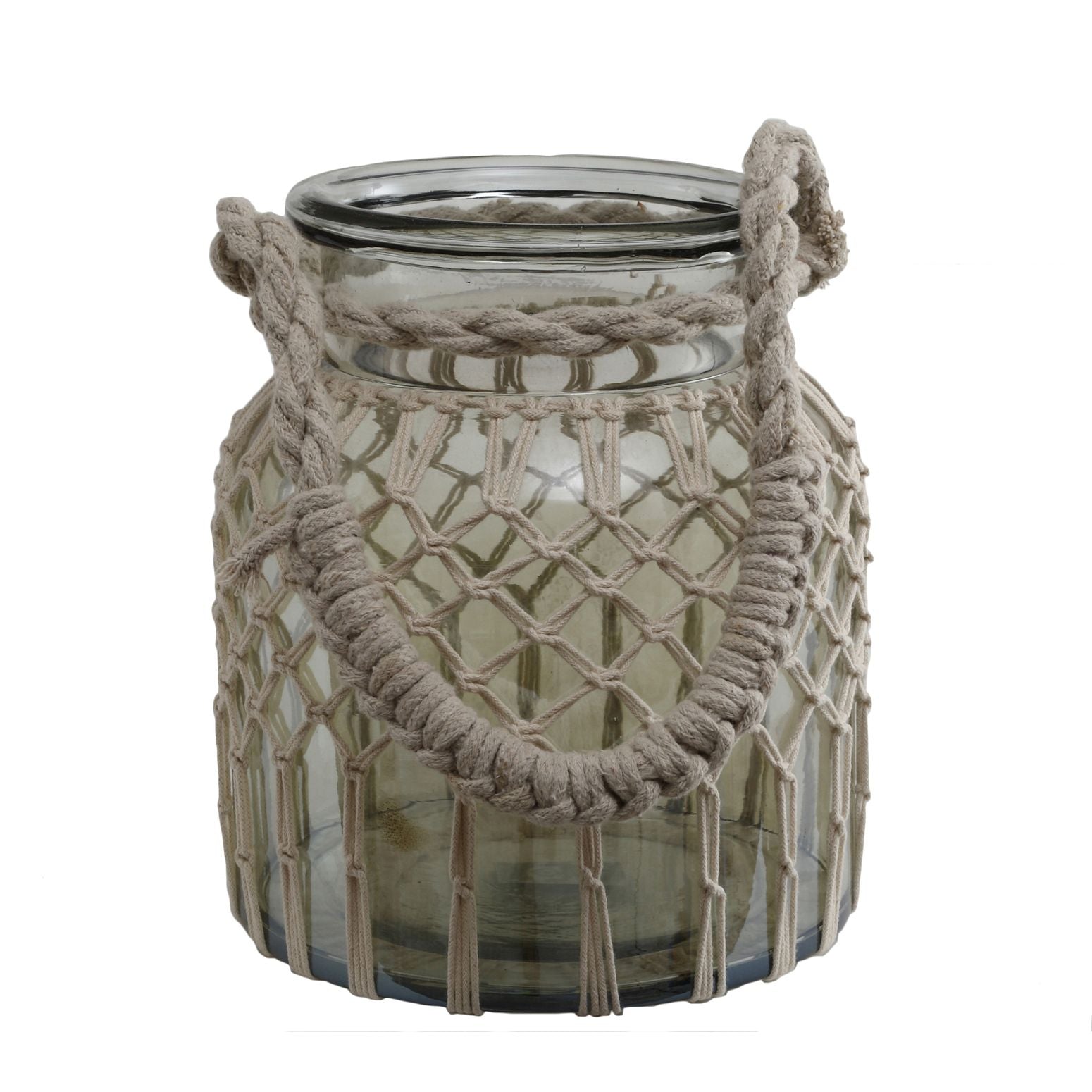 Windlicht Vase Ferrell Glas Makramee mit Henkel - Maße: 23.0 x 19.0 x 19.0 cm