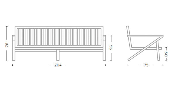 Technische Zeichnung mit Maßen des Gommaire Outdoor-Sofas Alabama