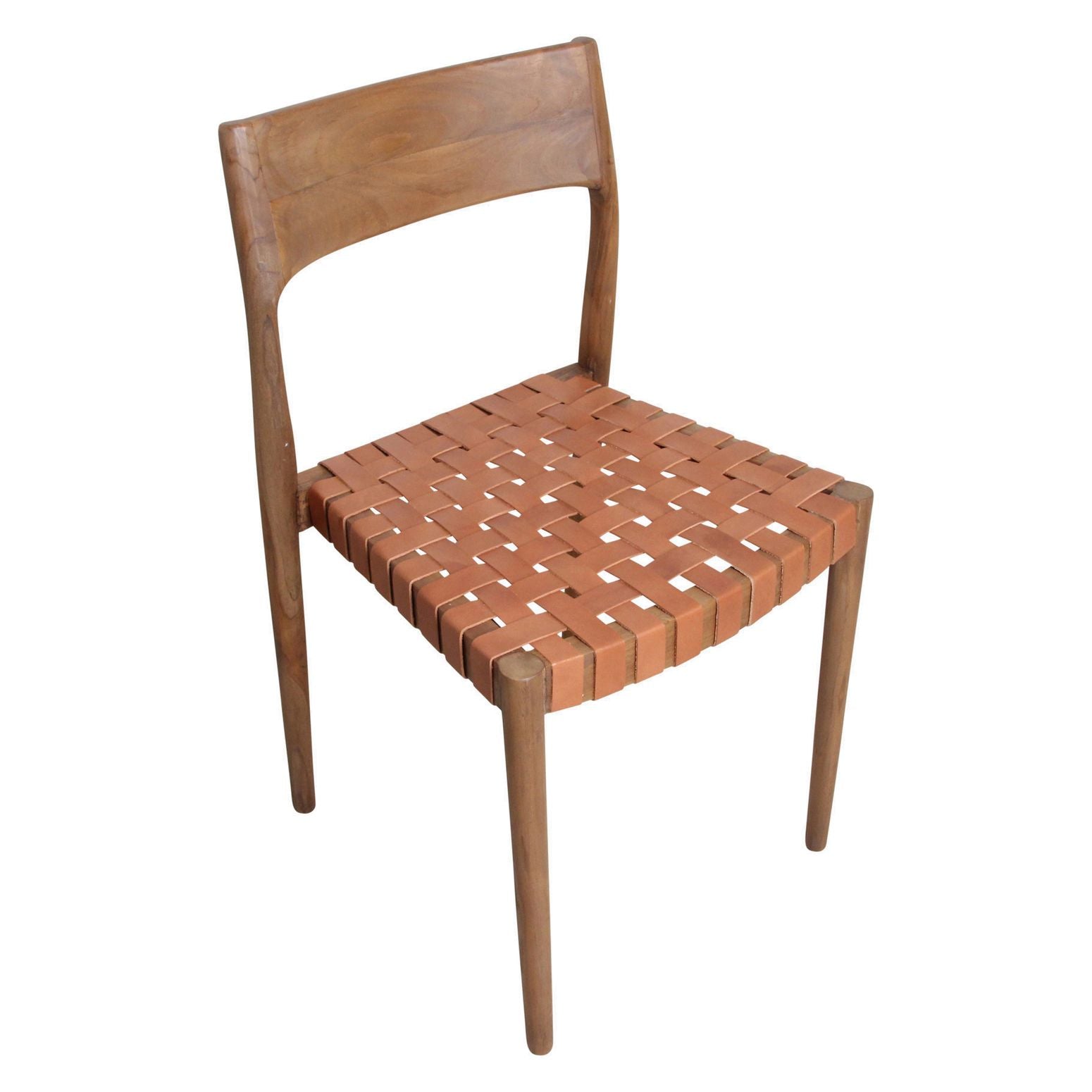 Seitenansicht des Maren Dining Chairs aus Teakholz mit brauner Ledersitzfläche | STUFF Shop