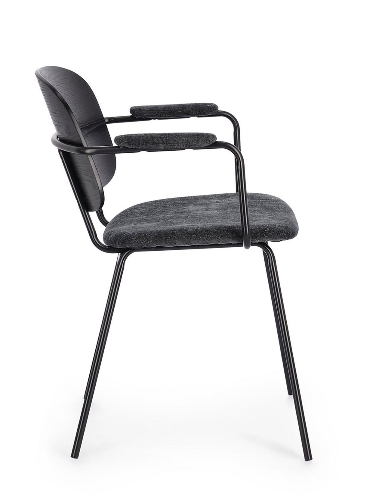 Sienna Vintage Designerstuhl in Dunkelgrau mit epoxidischer Stahlrahmen und Pappelholz-furnierter Rückenlehne