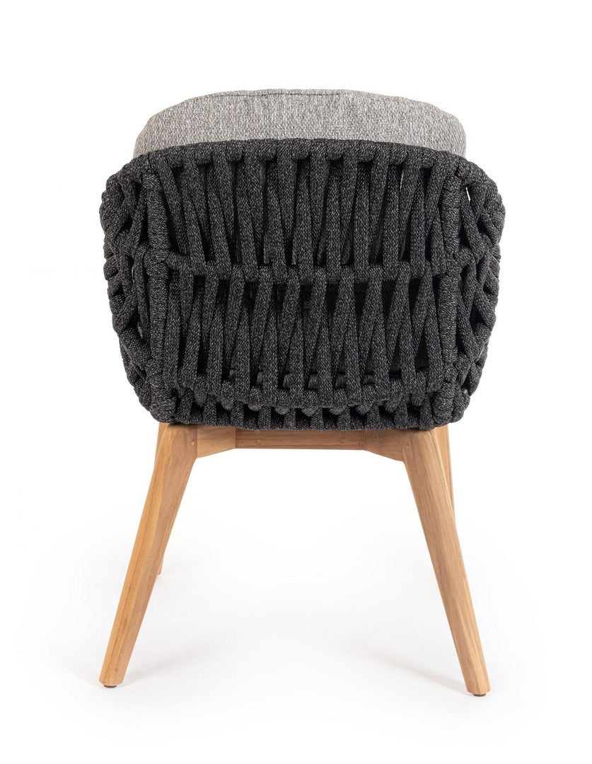 Tamires Outdoor Stuhl in Anthrazit mit Aluminiumgestell, Teakholzbeinen und einem Geflecht aus Polypropylen-Seilen