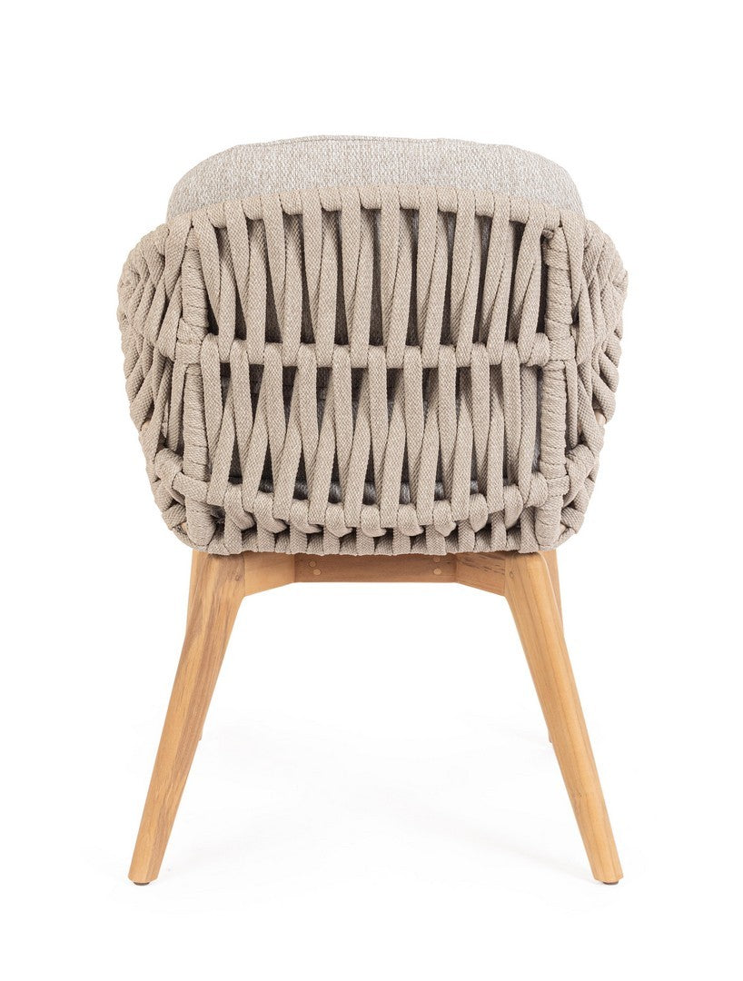 Tamires Outdoor Stuhl in Beige mit Aluminiumgestell, Teakholzbeinen und einem Geflecht aus Polypropylen-Seilen