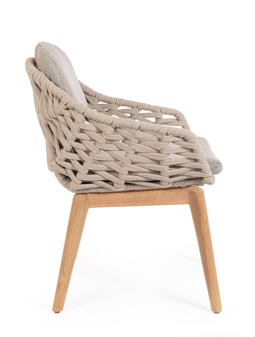 Tamires Outdoor Stuhl in Beige mit Aluminiumgestell, Teakholzbeinen und einem Geflecht aus Polypropylen-Seilen