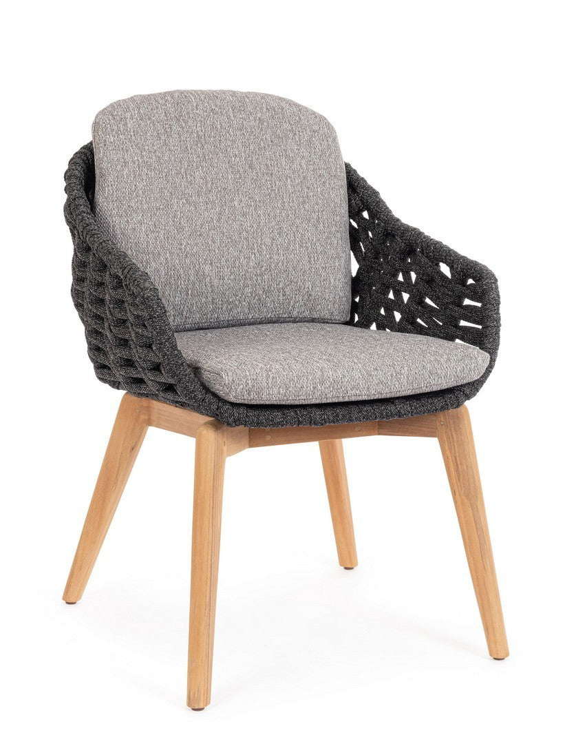 Tamires Outdoor Stuhl in Anthrazit mit Aluminiumgestell, Teakholzbeinen und einem Geflecht aus Polypropylen-Seilen