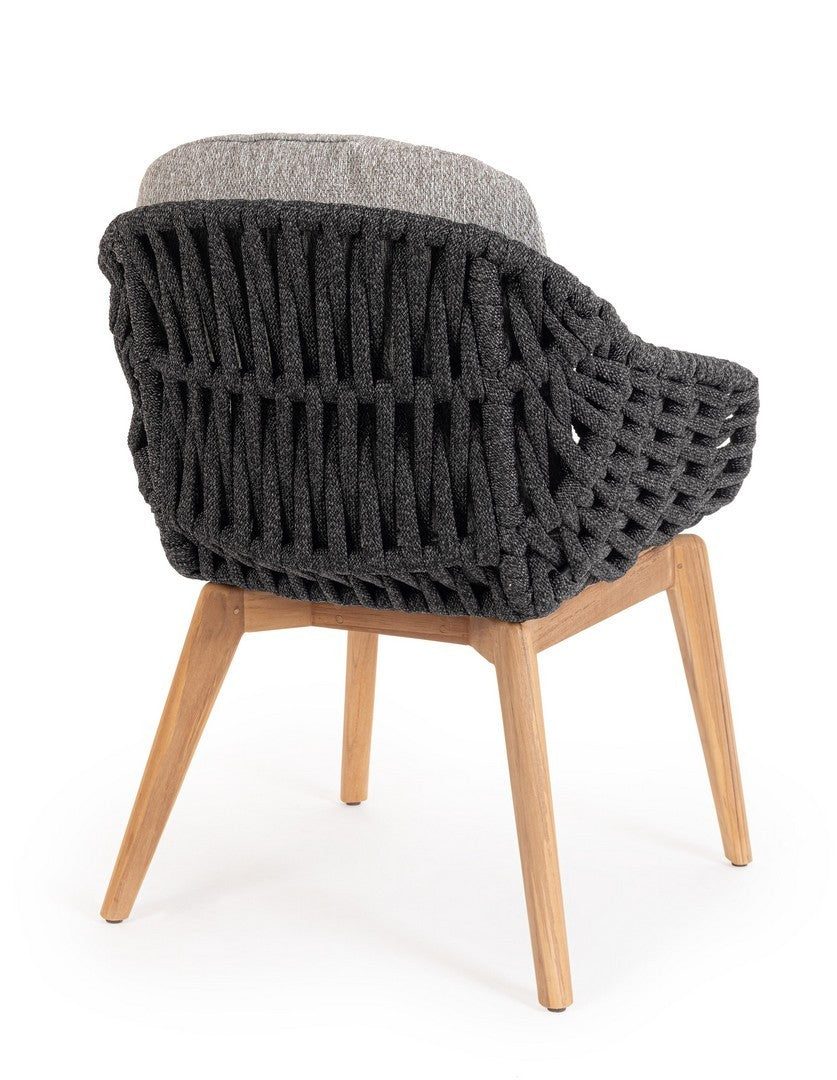 Tamires Outdoor Stuhl in Anthrazit mit Aluminiumgestell, Teakholzbeinen und einem Geflecht aus Polypropylen-Seilen