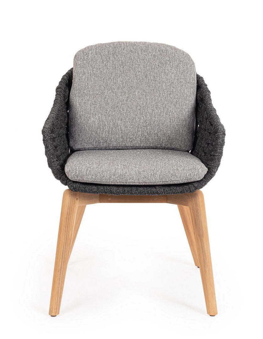 Tamires Outdoor Stuhl in Anthrazit mit Aluminiumgestell, Teakholzbeinen und einem Geflecht aus Polypropylen-Seilen