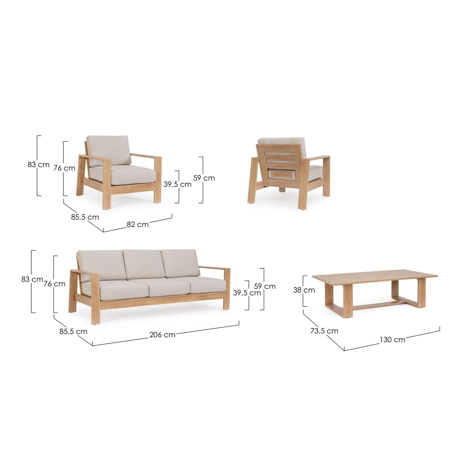 Lounge Set 4T Baltic Natur in voller Anordnung mit Sofa, Sesseln und Tisch mit Bemaßung.