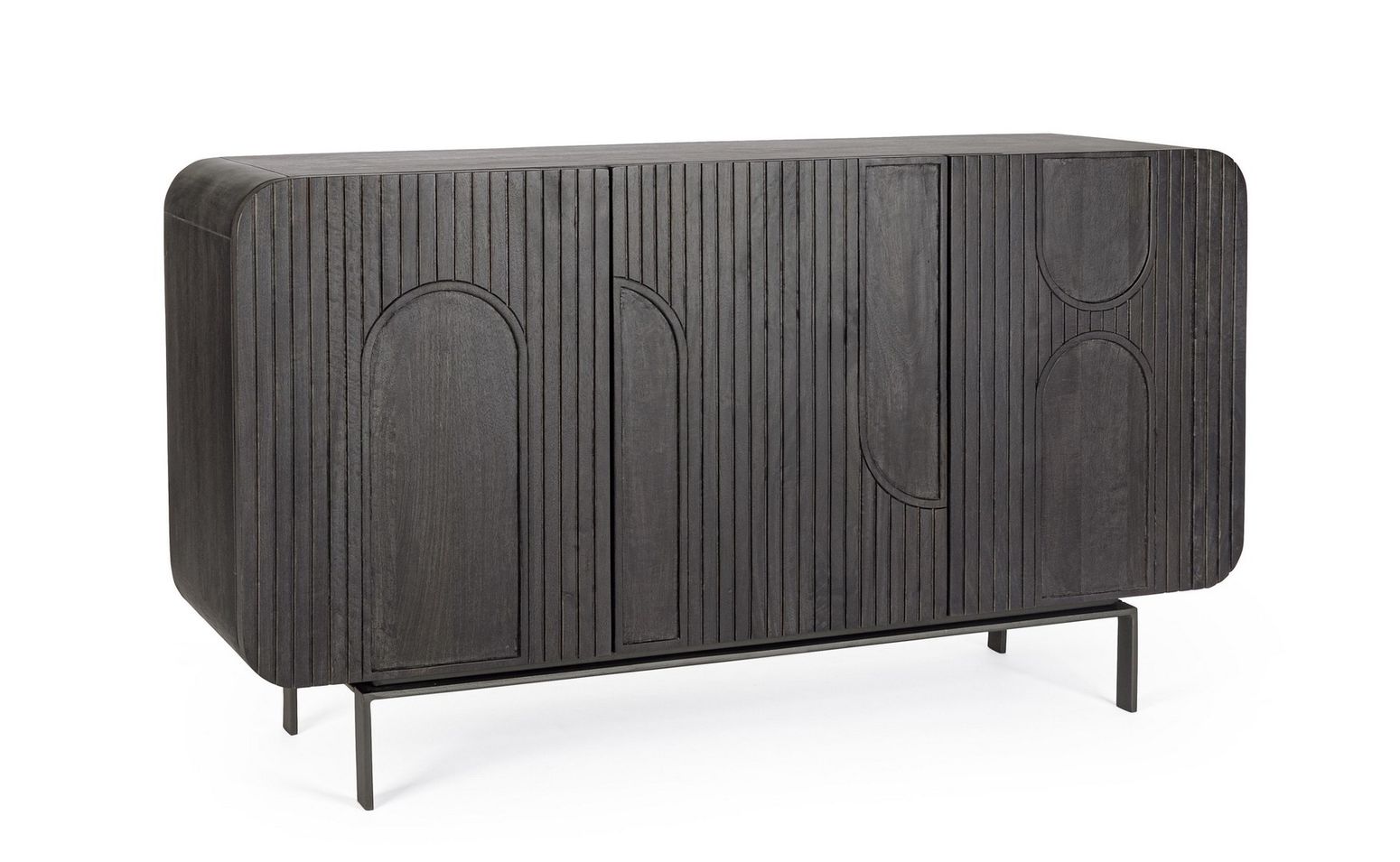 Schwarzes 3-türiges Sideboard Orissa von Bizzotto aus Mangoholz mit epoxidbeschichteten Stahlbeinen