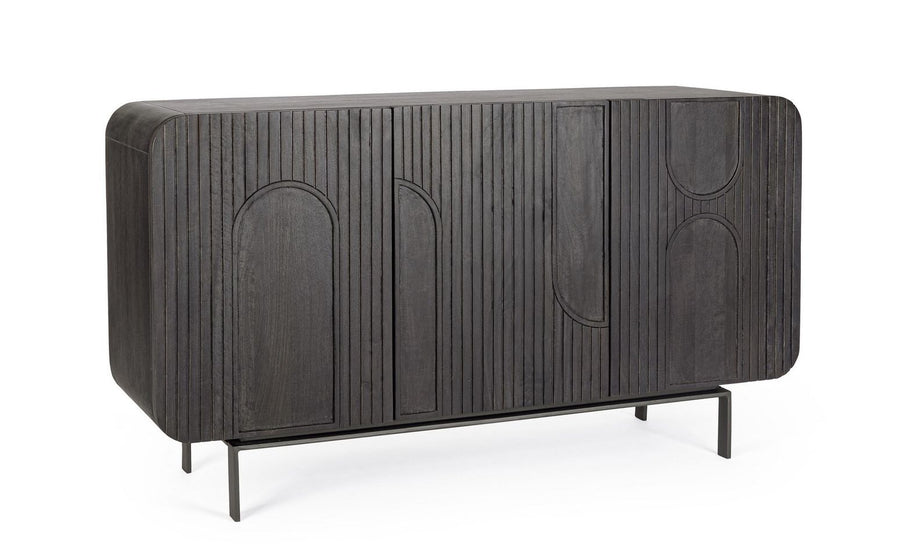 Schwarzes 3-türiges Sideboard Orissa von Bizzotto aus Mangoholz mit epoxidbeschichteten Stahlbeinen