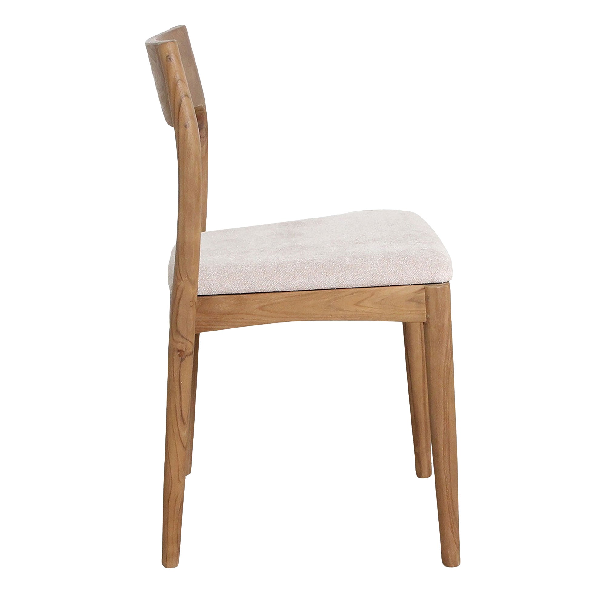 Seitenansicht des Esszimmerstuhls Maren Polster Cream aus Teakholz mit Stoffpolster