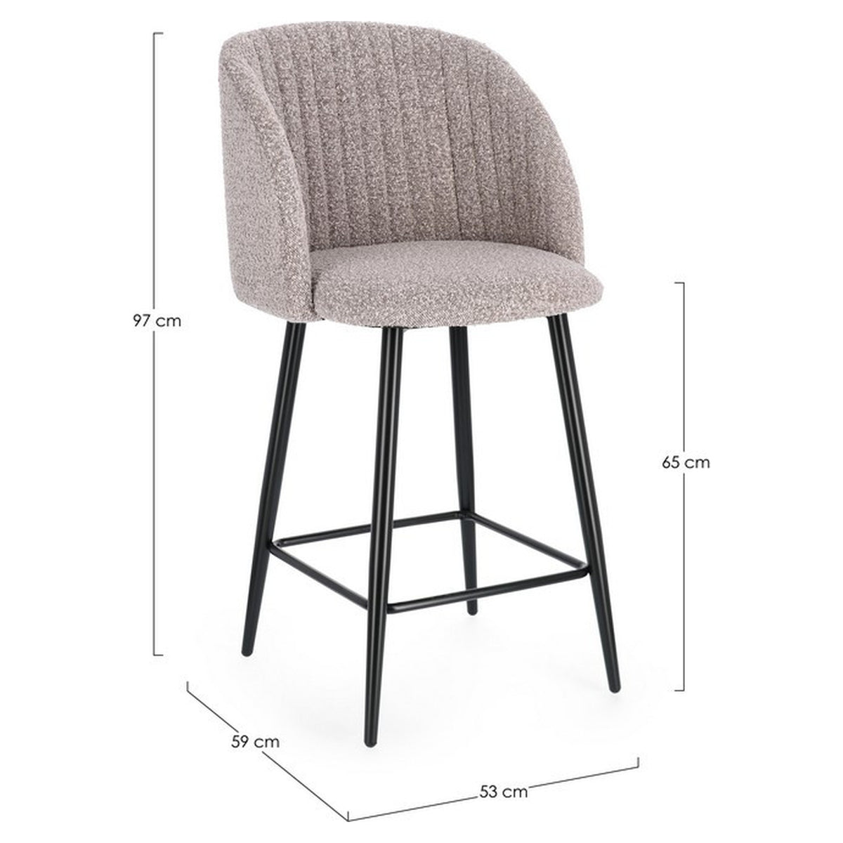 Maßzeichnung Barhocker Queen Bouclé Nerz von Bizzotto, B 53 × T 59 × H 97 cm