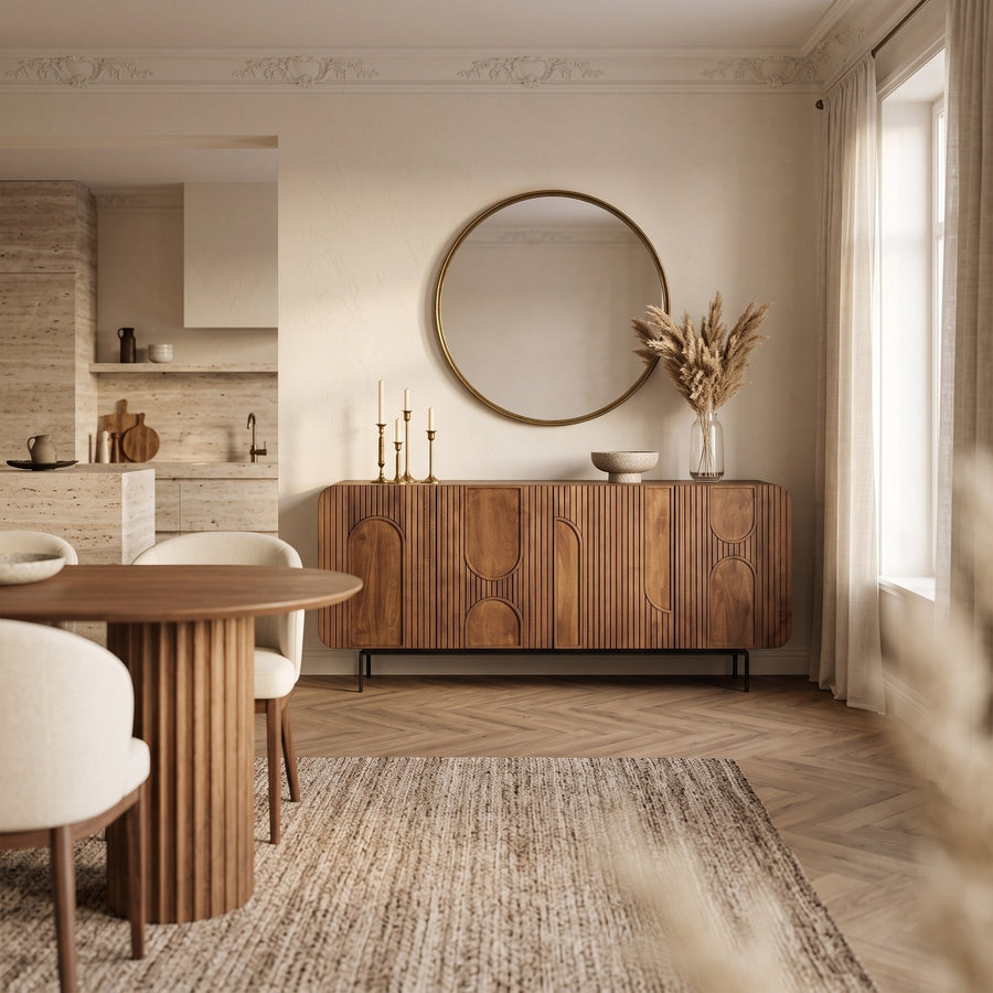 Sideboard Orissa 4-türig Braun von Bizzotto, Mangoholz, 180 x 42 x 82 cm, im Essbereich mit Esstisch Orissa