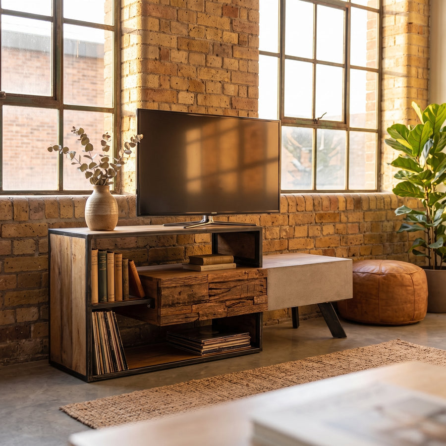 TV-Schrank Manchester 145 cm von Bizzotto in einem Loft-Wohnzimmer
