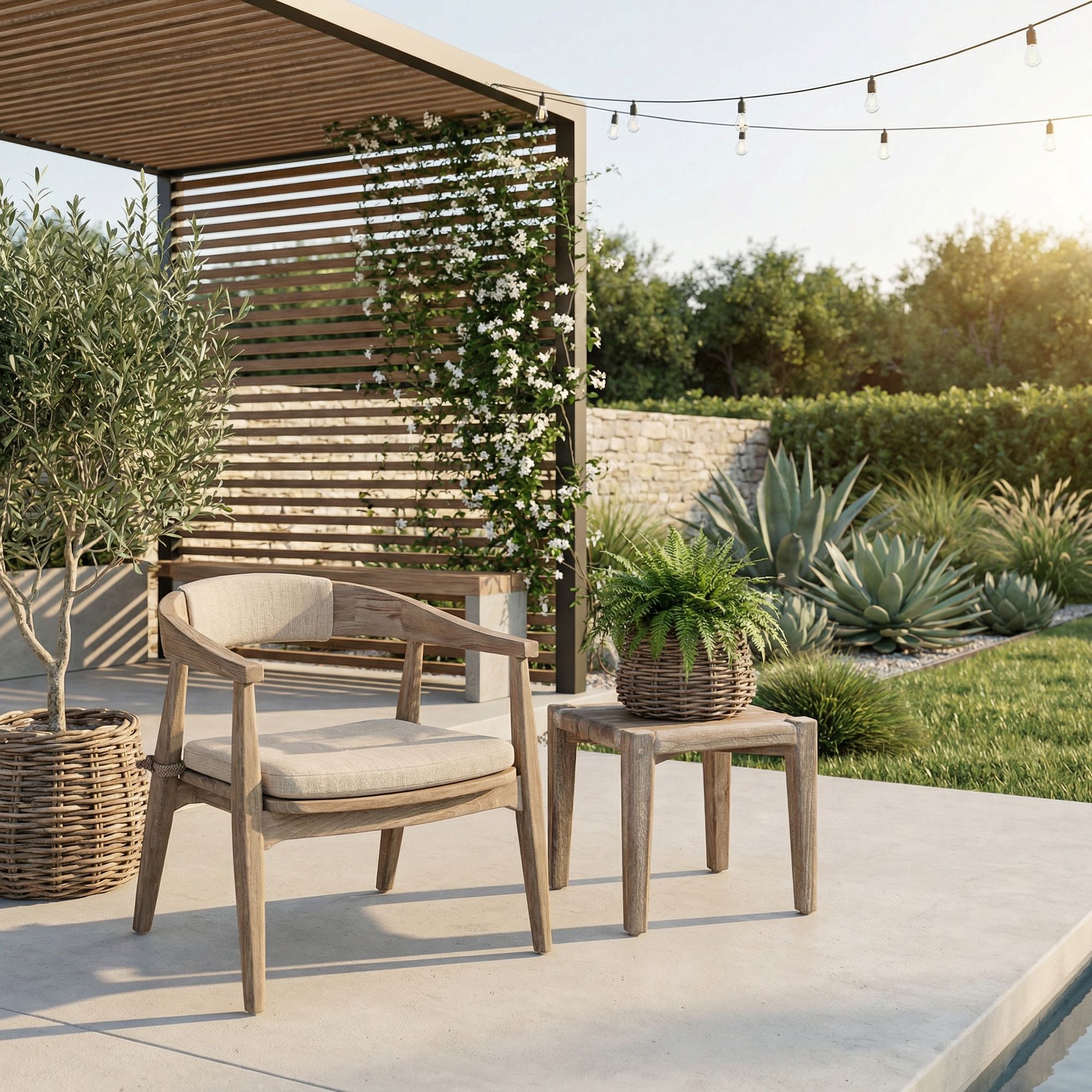 Armlehnenstuhl Faye Easy Chair low aus Teakholz in natürlichem Grau von Gommaire, ideal für Outdoor-Terrassen | Gommaire bei STUFF Shop kaufen