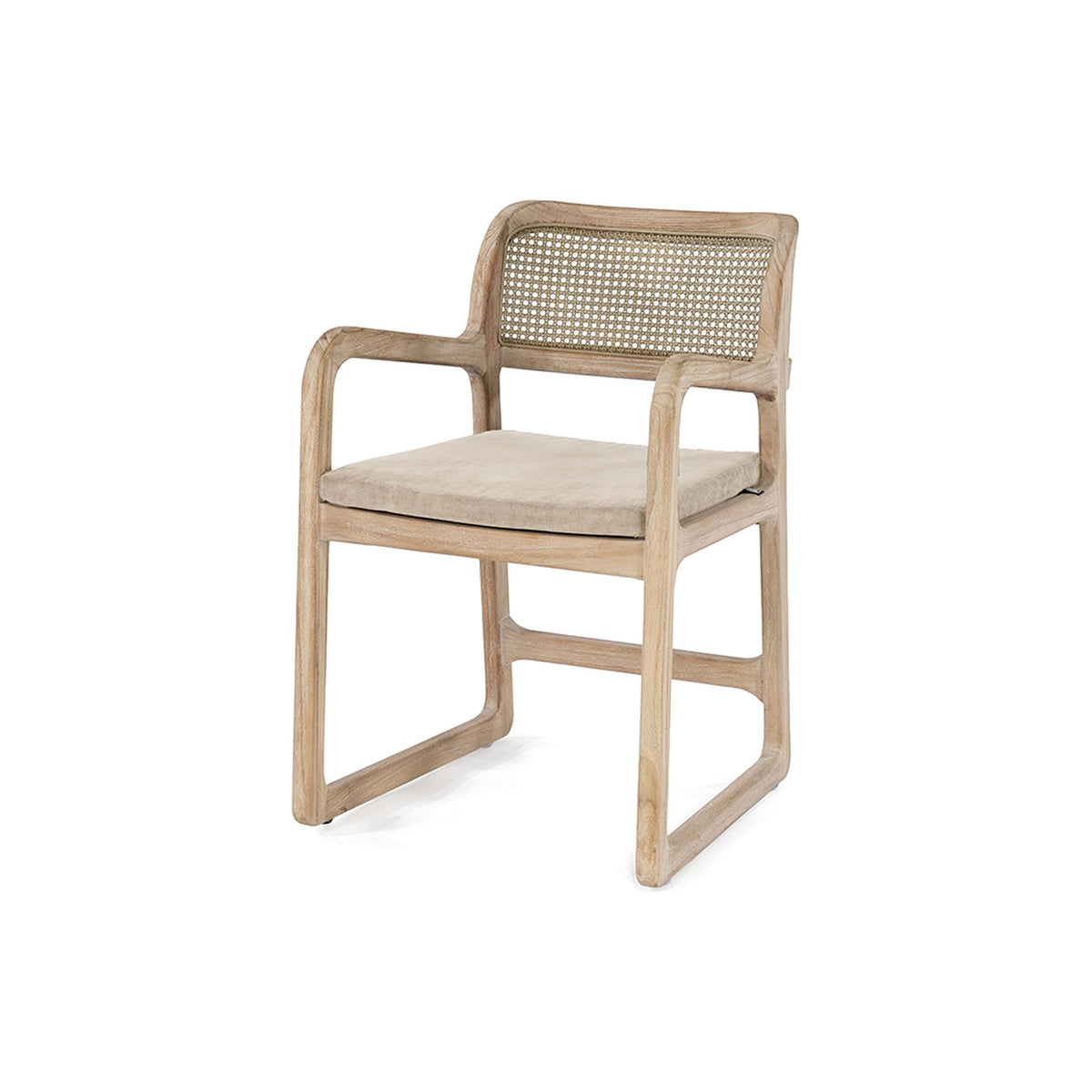 Armlehnstuhl Sally Open Weave Teak Natural Grey von Gommaire, mit optionalem Sitzkissen