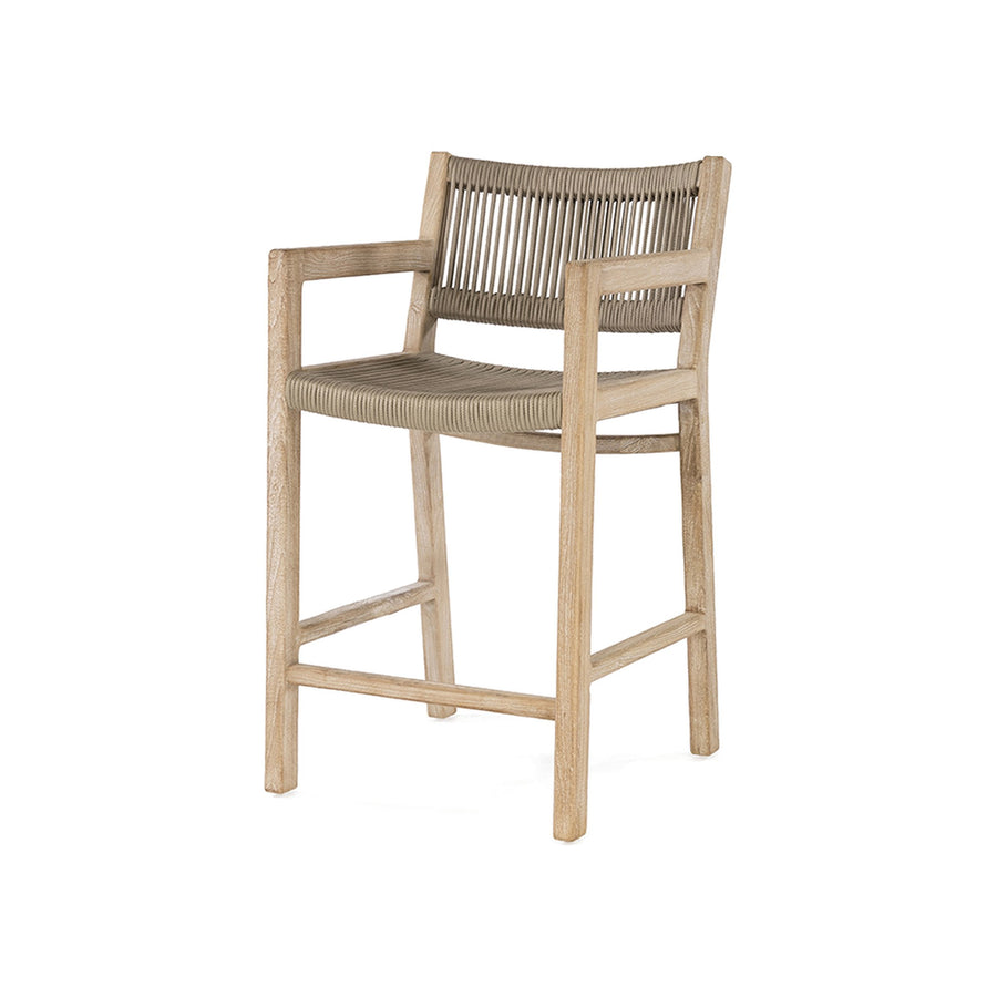 Barstuhl Mario mit Armlehnen Teak Natural Grey von Gommaire, Teak Natural Grey und Seilgeflecht, B 52 × T 61,5 × H 97 cm, Freisteller