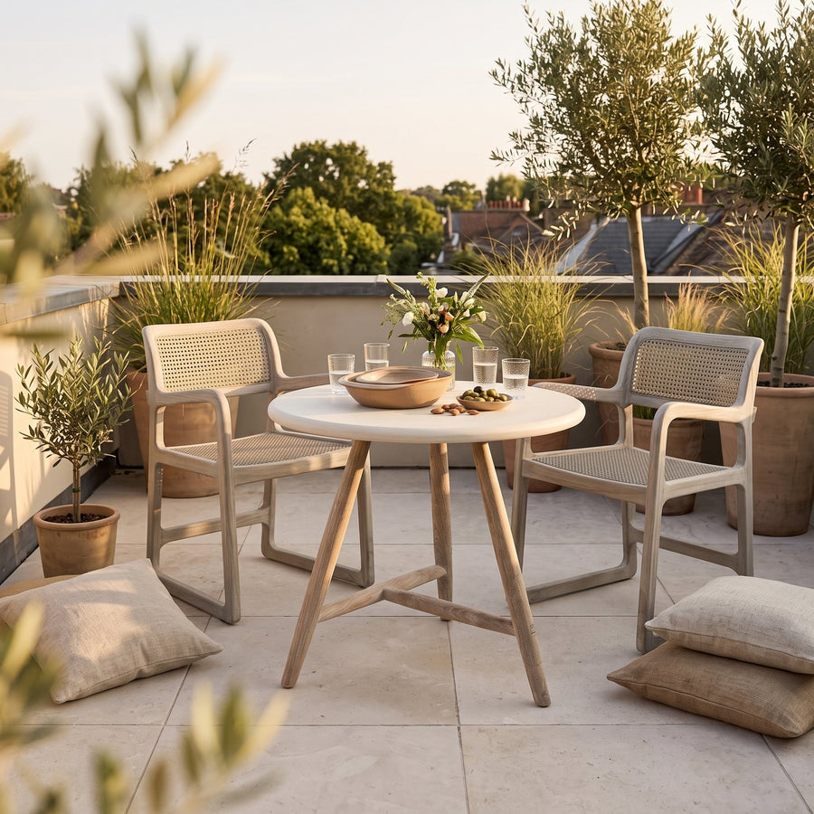 Bistrotisch Faye rund Beton Teak Natural Grey von Gommaire, Beton und Teak Natural Grey, Ø 75 × H 76 cm, Ambiente mit Armlehnstühlen Sally Open Weave und Schale Ali auf der Dachterrasse
