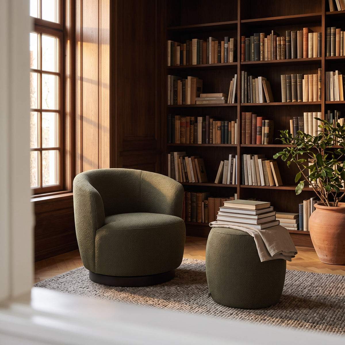 Clubsessel Nathan drehbar Grün von Gommaire mit Pouf Nathan Grün in der Bibliothek