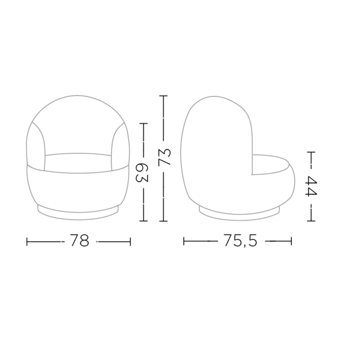Maßzeichnung Clubsessel Nathan drehbar Grün von Gommaire, B 78 × T 75,5 × H 73 cm