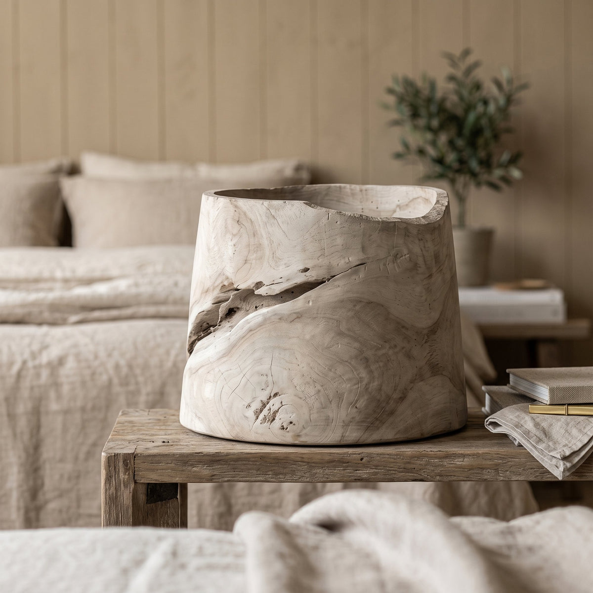 Dekotopf Binta Teakwurzel Natural Grey von Gommaire, Teakwurzel Natural Grey, Ø 31 × H 27 cm, Nahaufnahme im Schlafzimmer, auf der Konsole Archie