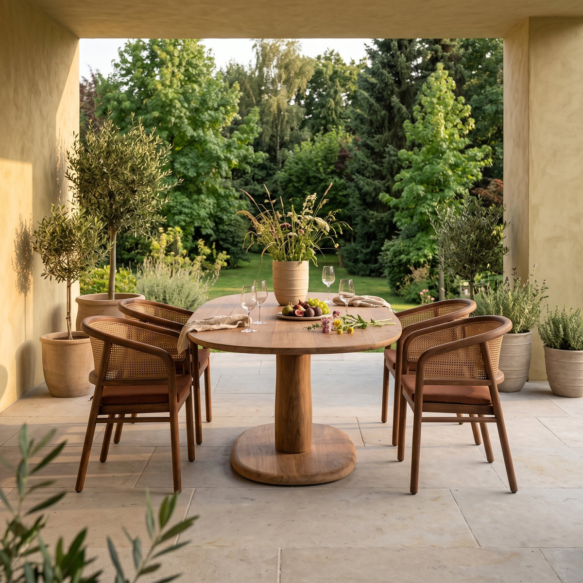 Esstisch Dita Rectoval Teak Emas Brown von Gommaire, Teak Emas Brown, 180 × 112,5 × H 76 cm, mit Armlehnenstühlen Imen und Vase Simon auf der Gartenterrasse
