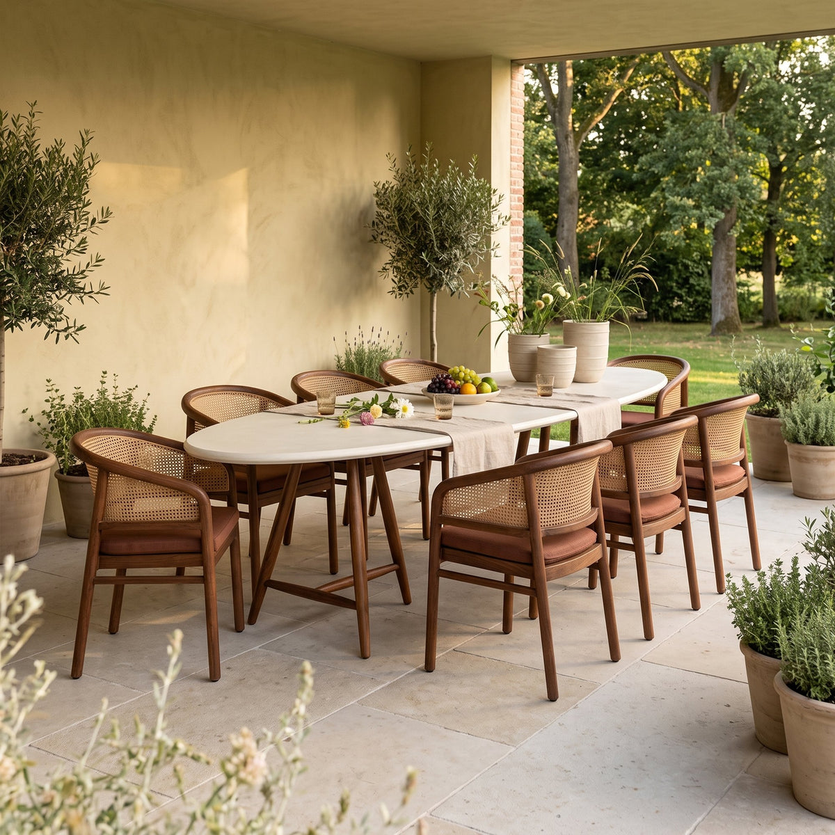 Esstisch Faye oval Beton Teak Emas Brown von Gommaire, Beton und Teak Emas Brown, 250 × 105 × H 76 cm, Interiorbild mit Armlehnenstühlen Imen und Vase Simon auf der Gartenterrasse