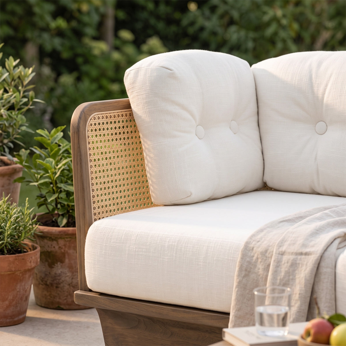 Modulsofa Boa Teak Emas Brown von Gommaire Detail: Rücken aus PE-Rattan im Muster eines Wiener Geflechts, Rückenkissen mit Knopfheftung, Sockel aus Teak