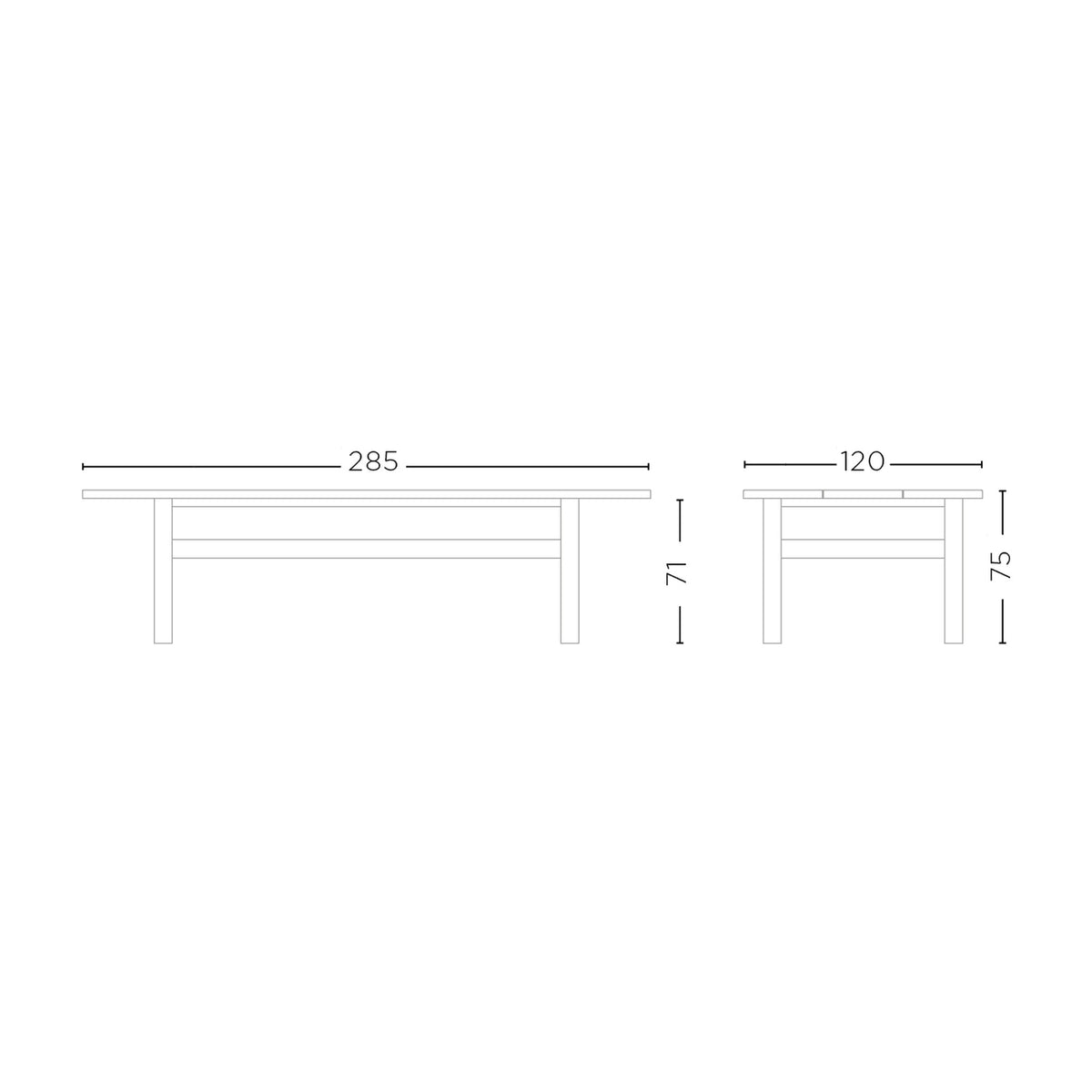 Maßzeichnung Outdoor Esstisch Abe Teak von Gommaire, L 285 × B 120 × H 75 cm