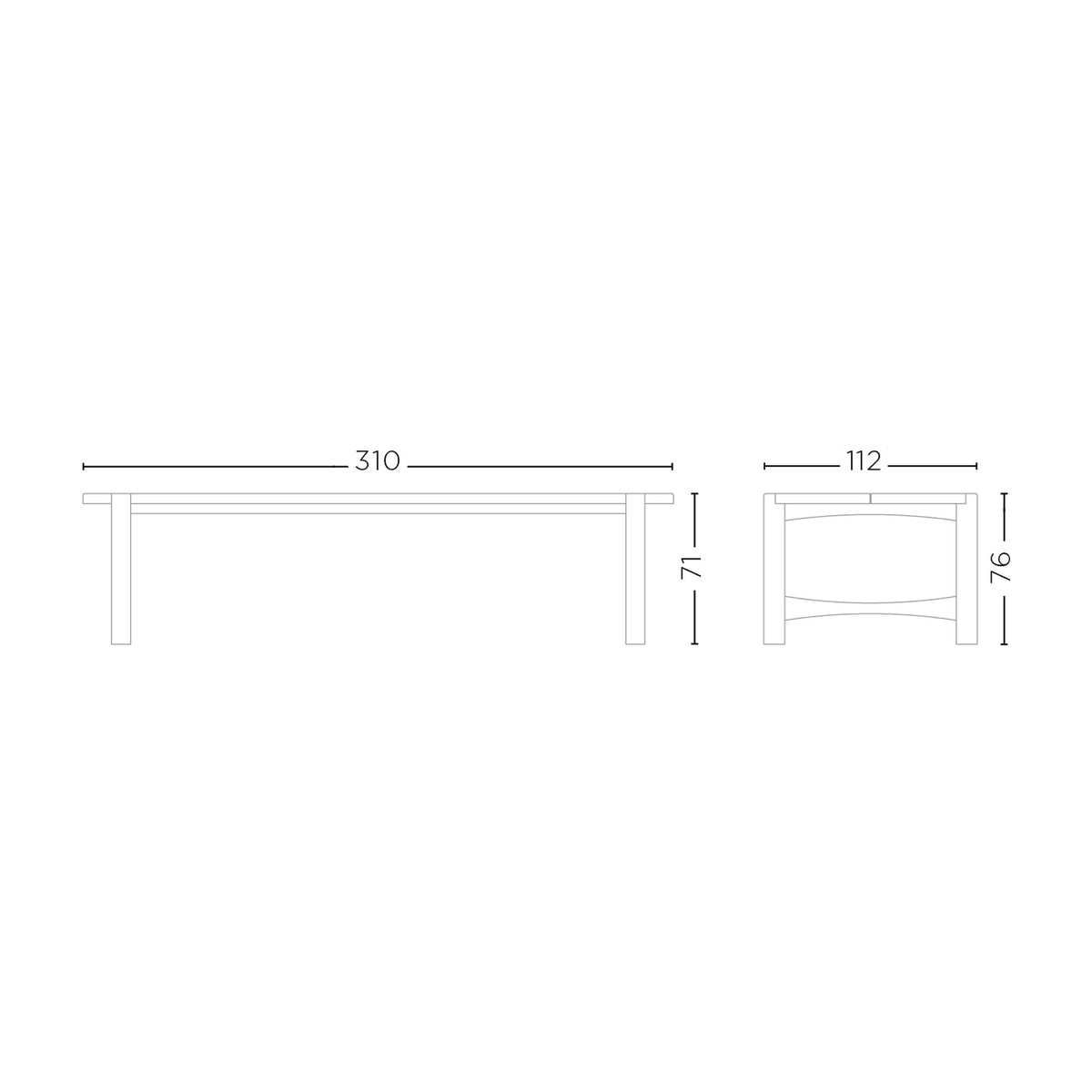 Maßzeichnung Outdoor Esstisch Jacoba Large Teak von Gommaire, L 310 × B 112 × H 76 cm